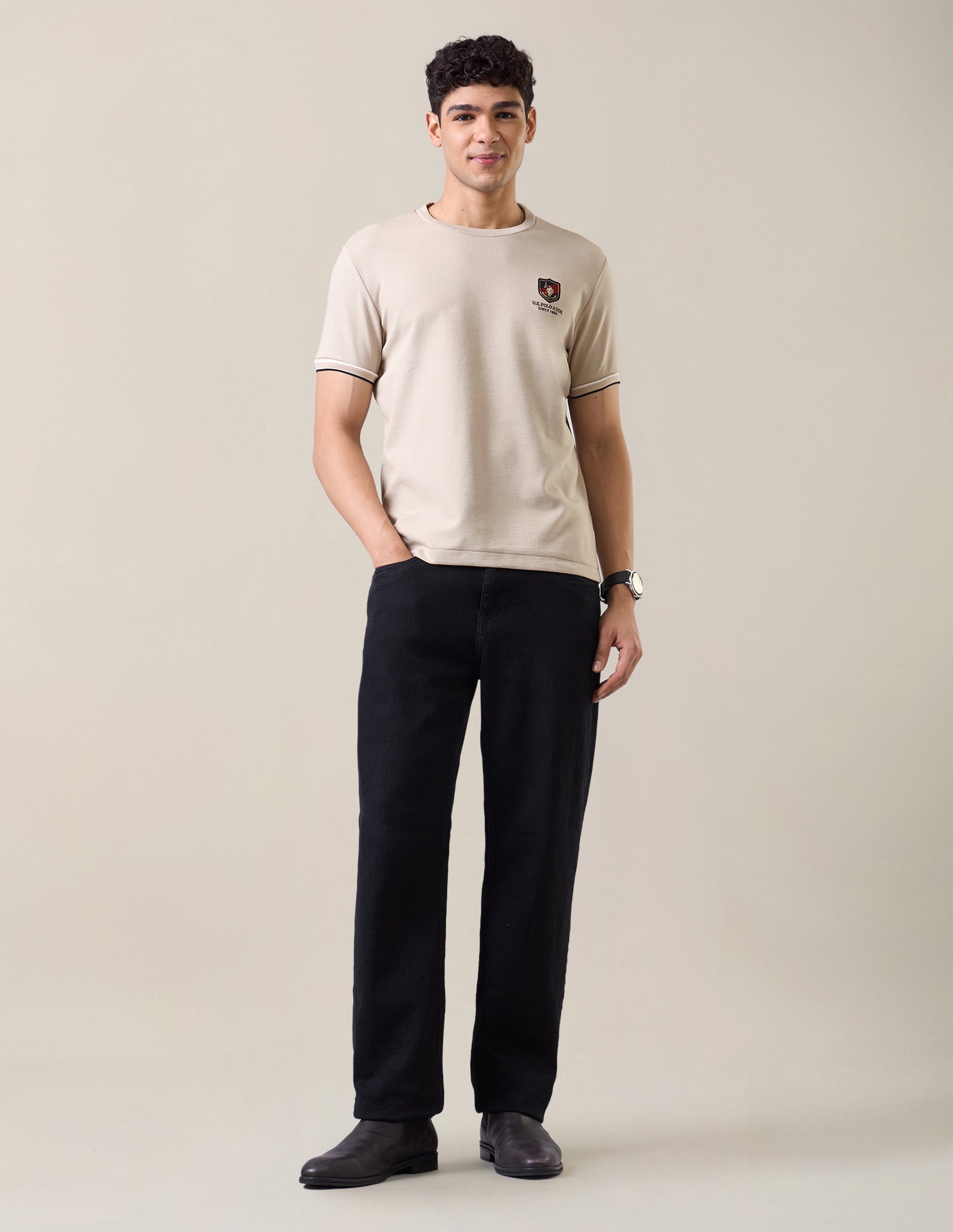 Solid Slim Fit T-Shirt Beige - U.S. Polo Assn. India | Large