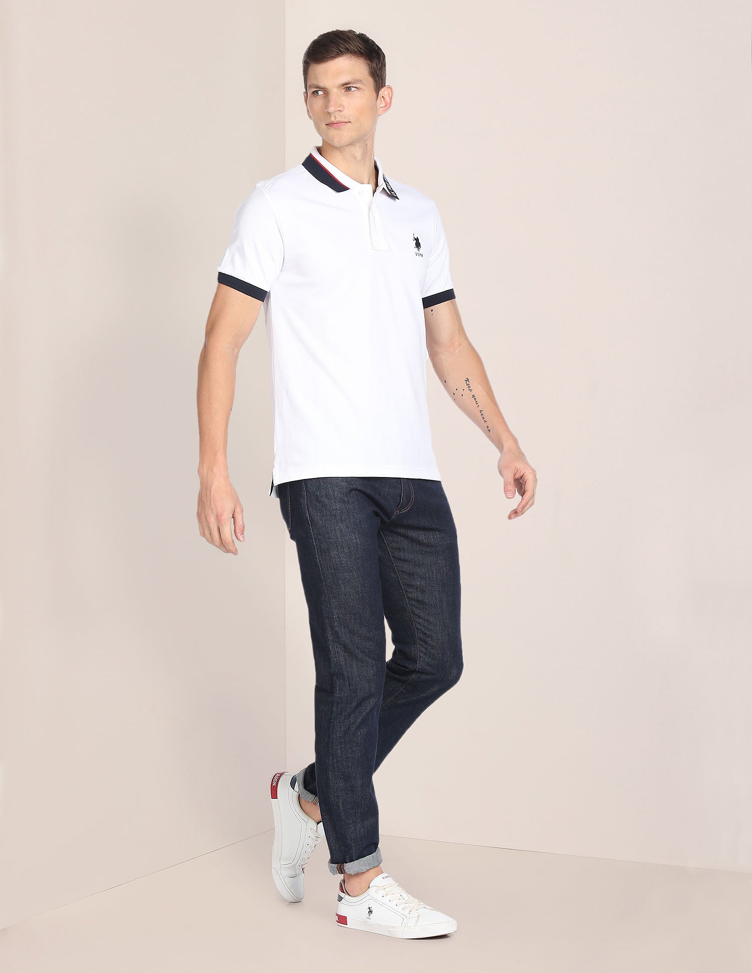 Printed Collar Pure Cotton Polo Shirt White - U.S. POLO ASSN. | Large