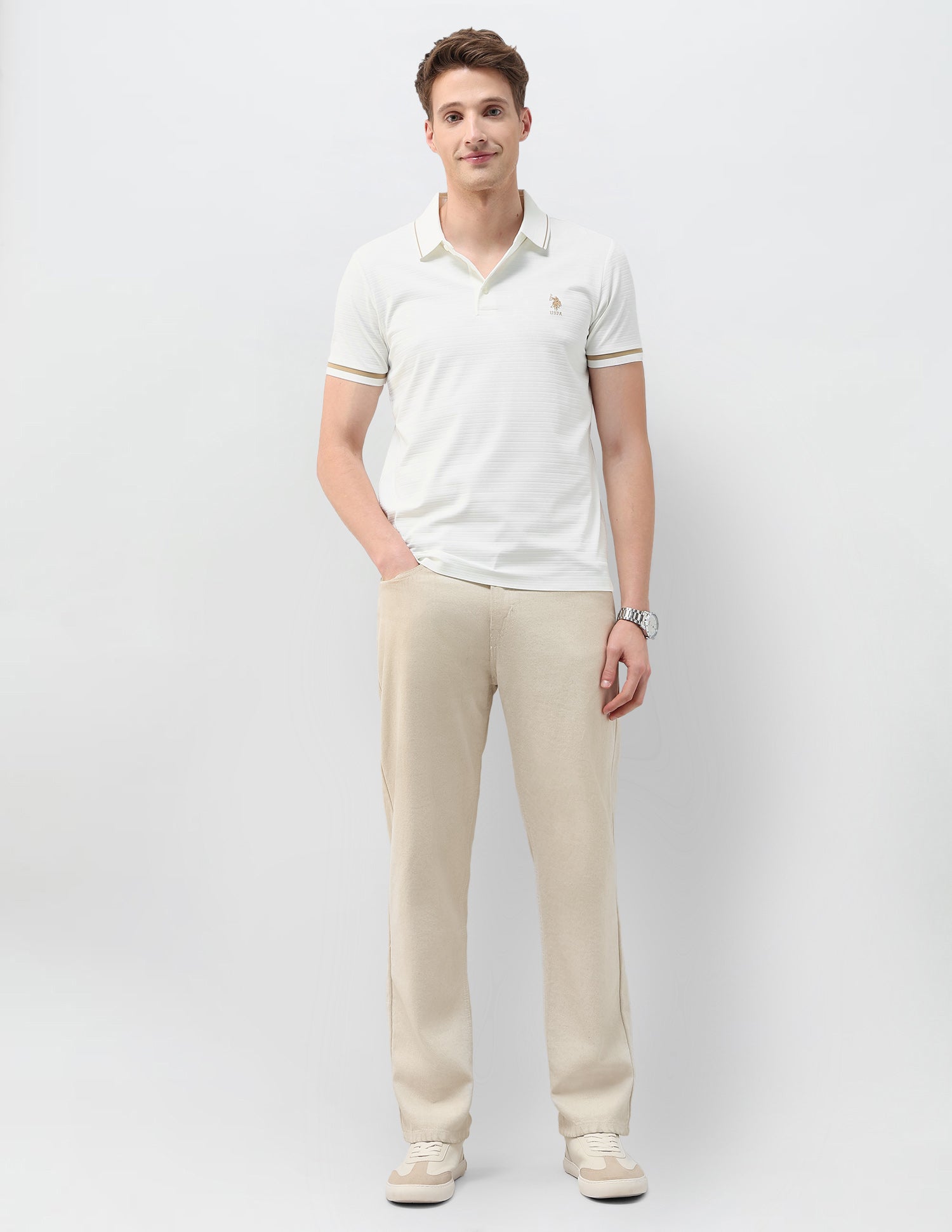Textured Slim Fit Polo Shirt Off White - U.S. Polo Assn. India | Large