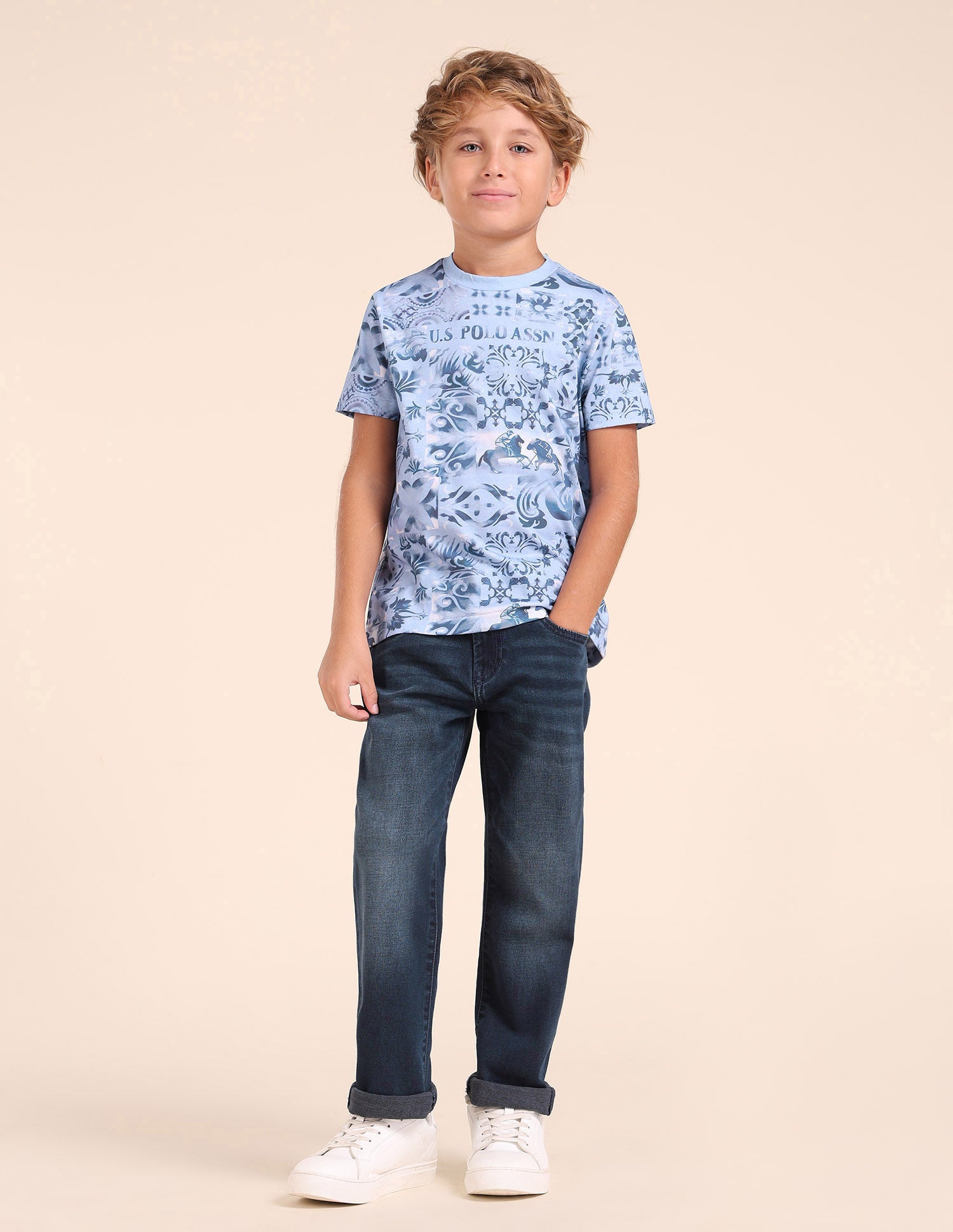 Boys Regular Fit All-Over Printed T-Shirt Blue - U.S. POLO ASSN. | Large