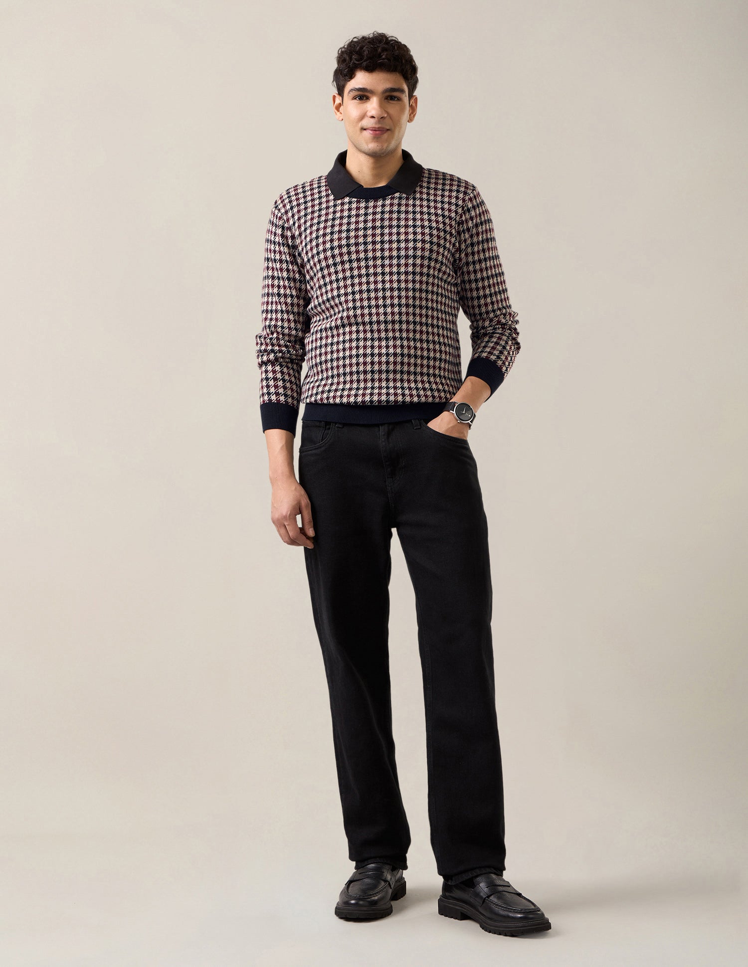 Houndstooth Patterned Knit Slim Fit Sweater Navy - U.S. Polo Assn. India | Large