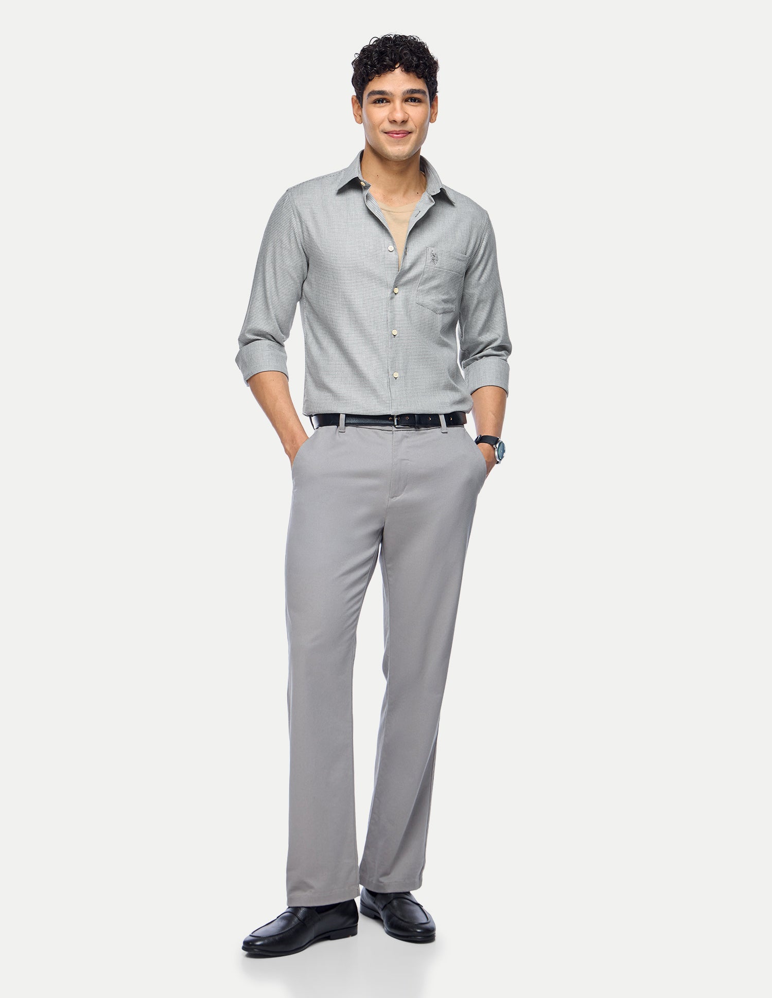 Houndstooth Printed Twill Shirt Light Grey - U.S. Polo Assn. India | Large