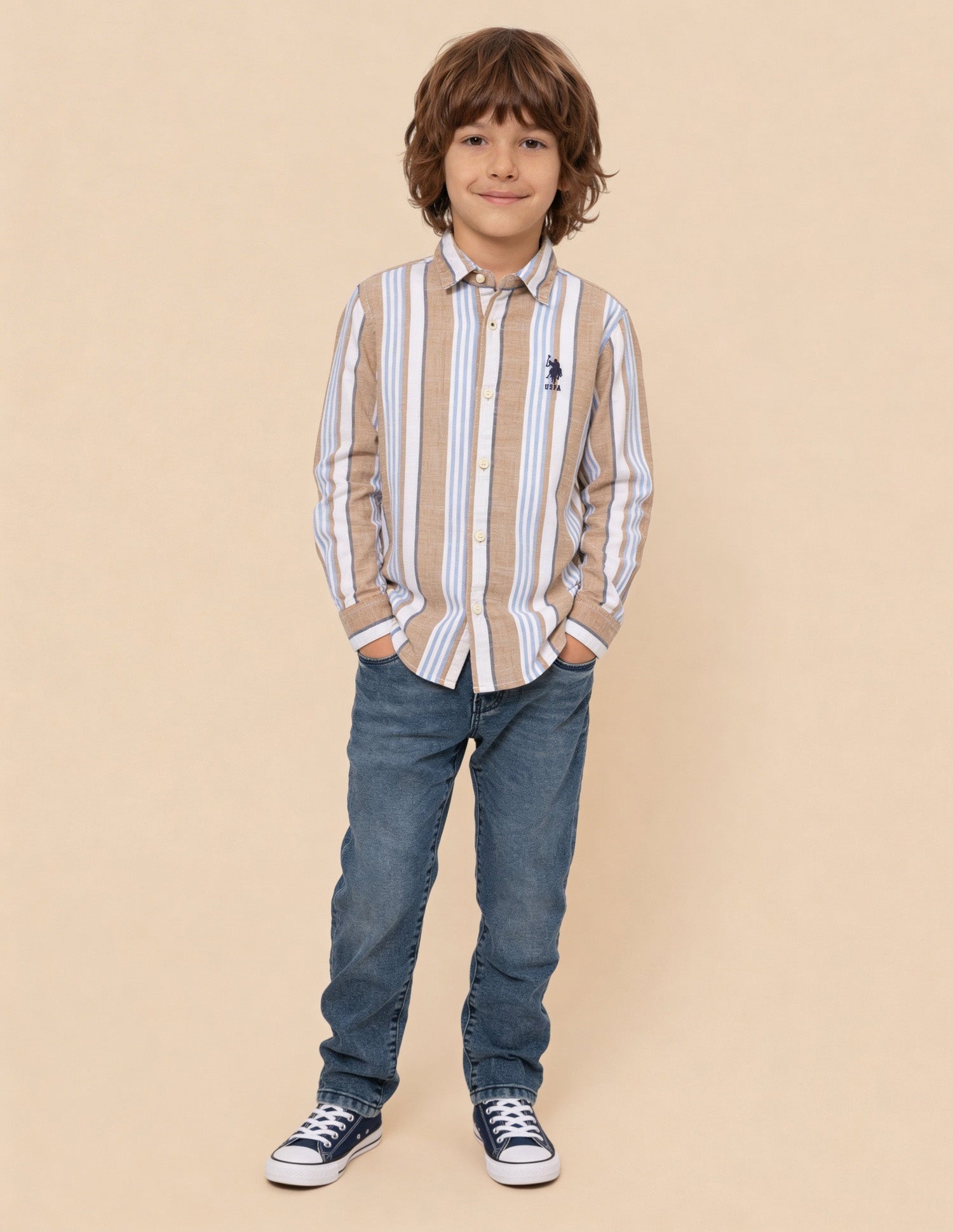 Vertical Striped Dobby Shirt Light Brown - U.S. Polo Assn. India | Large
