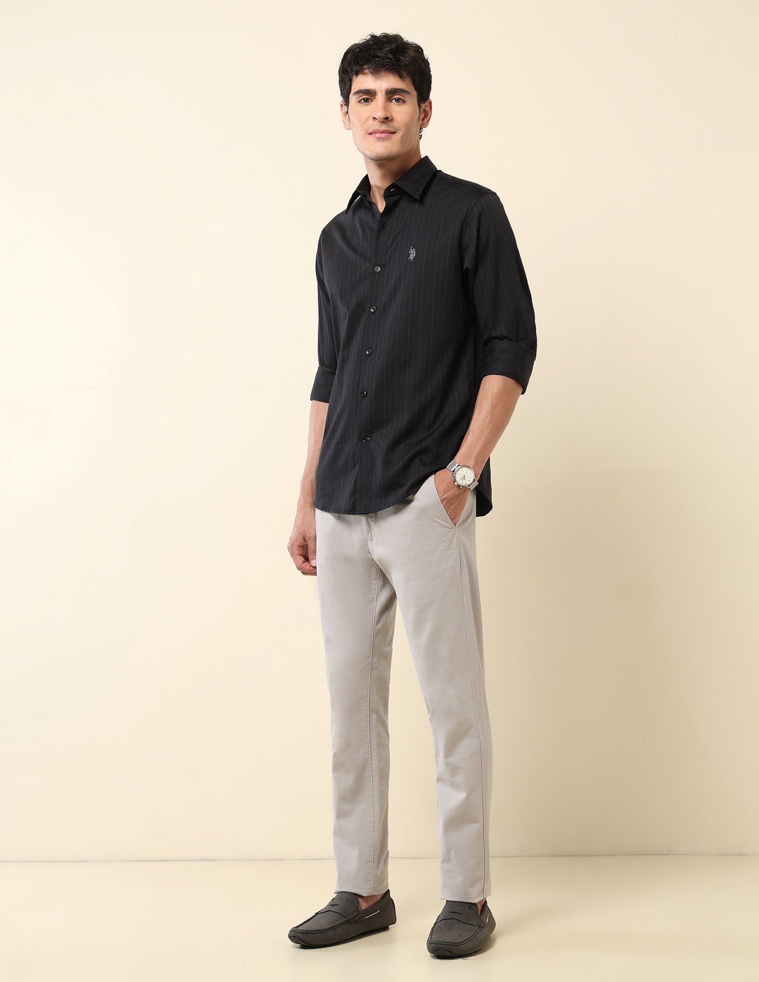 Pinstriped Tailored Fit Shirt Black - U.S. Polo Assn. India | Large