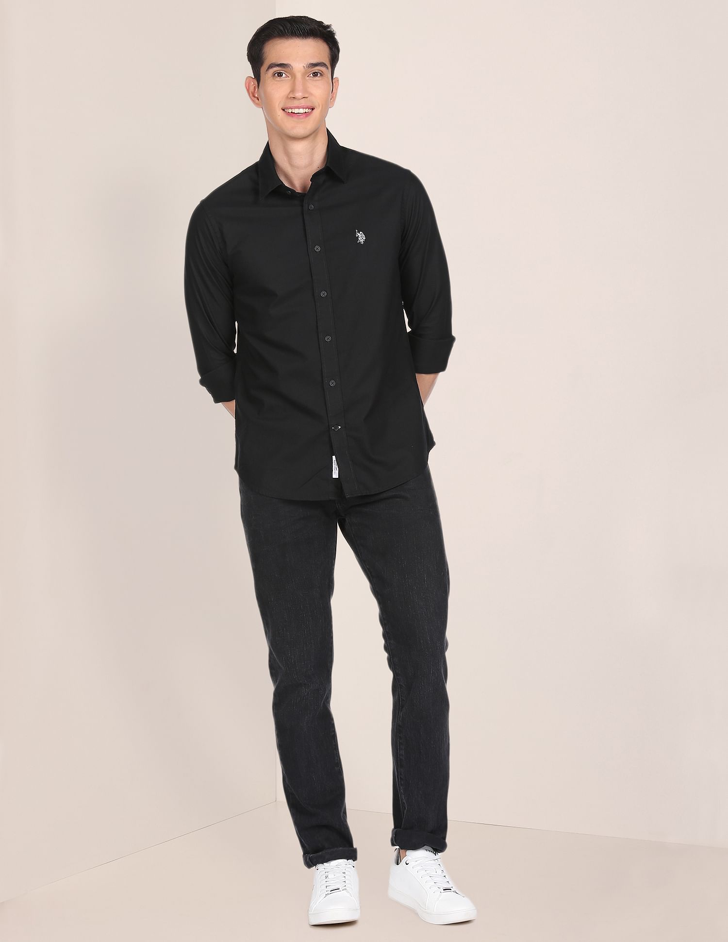 Men Black Premium Cotton Solid Casual Shirt Black - U.S. POLO ASSN. | Large