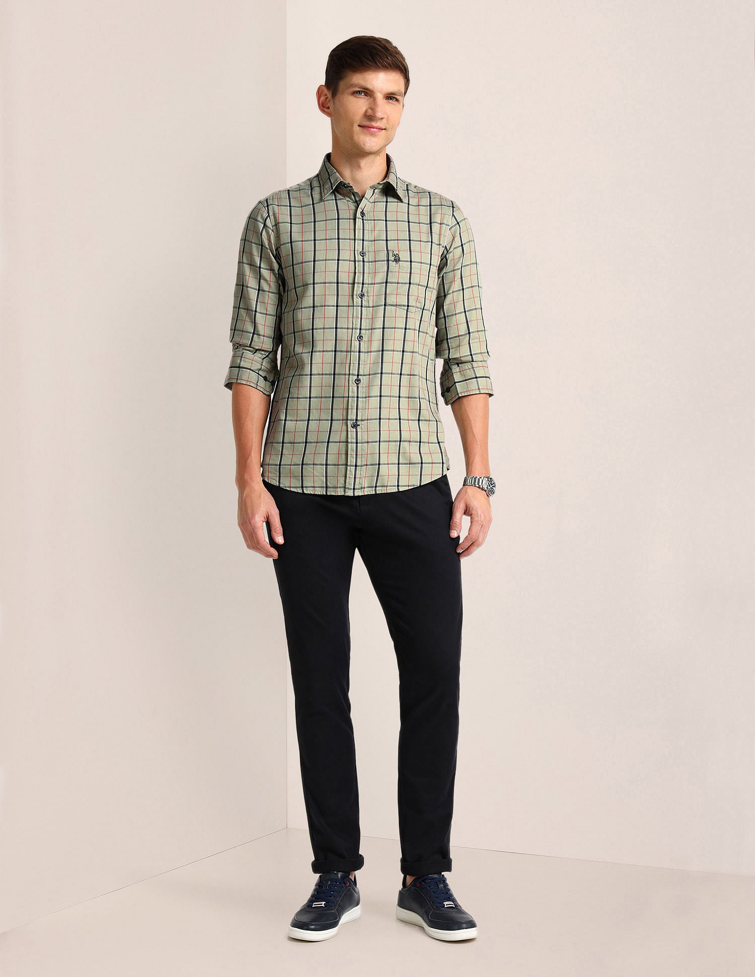 Gun Club Checked Tailored Fit Twill Shirt Medium green - U.S. Polo Assn. India | Large