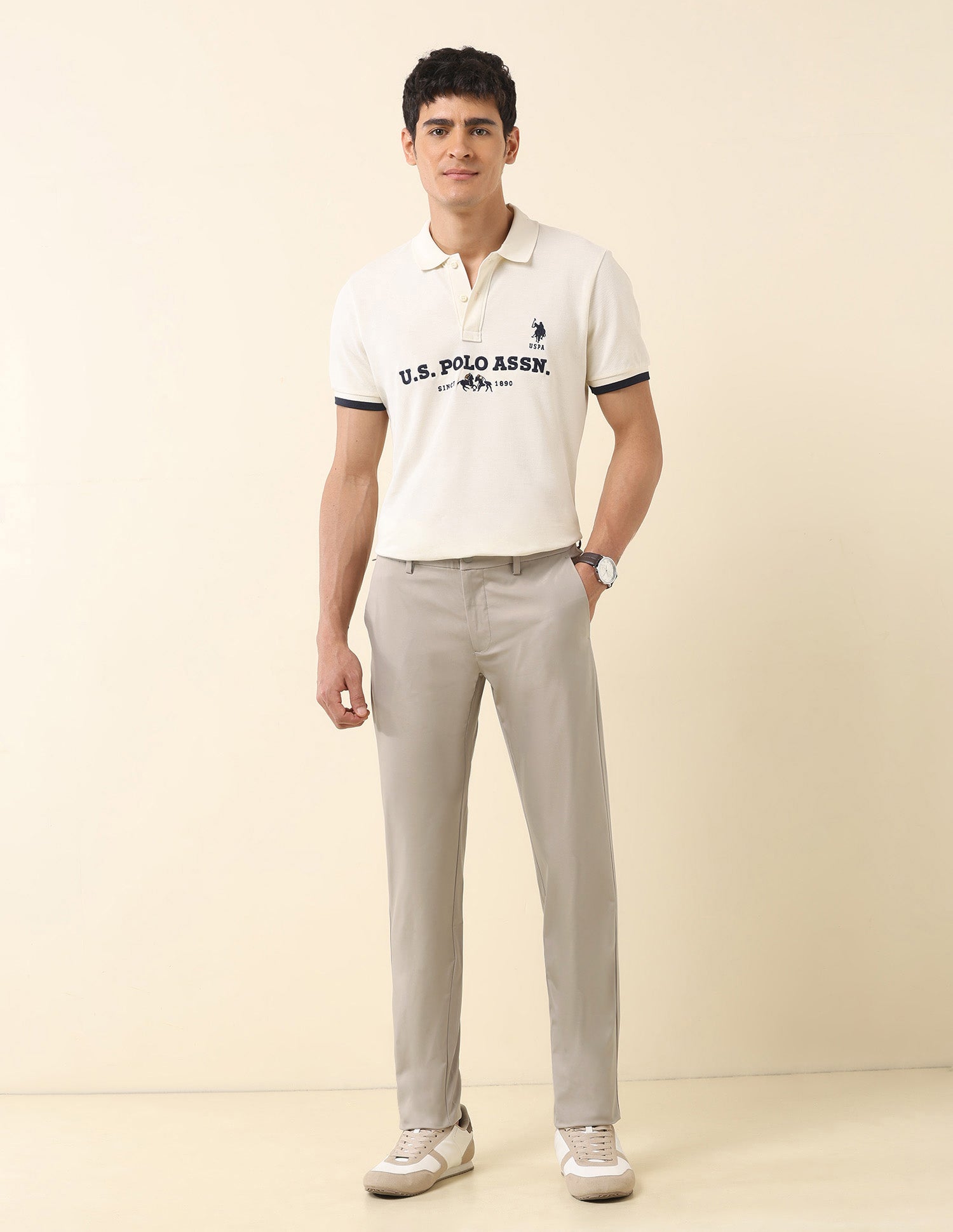Solid Denver Slim Fit Trousers Stone - U.S. Polo Assn. India | Large
