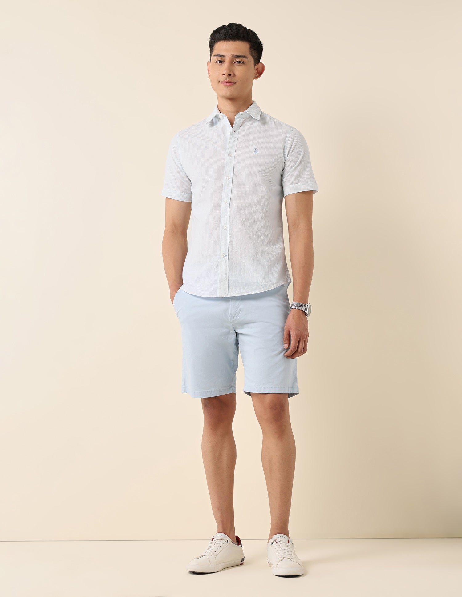 Vertical Striped Pure Cotton Shirt Light Blue - U.S. Polo Assn. India | Large