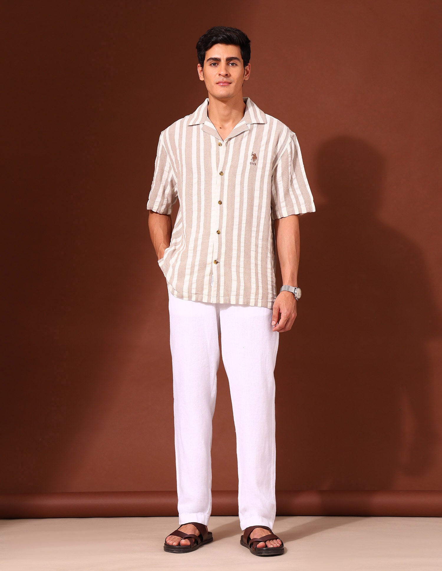 Vertical Striped Pure Cotton Shirt Brown - U.S. Polo Assn. India | Large