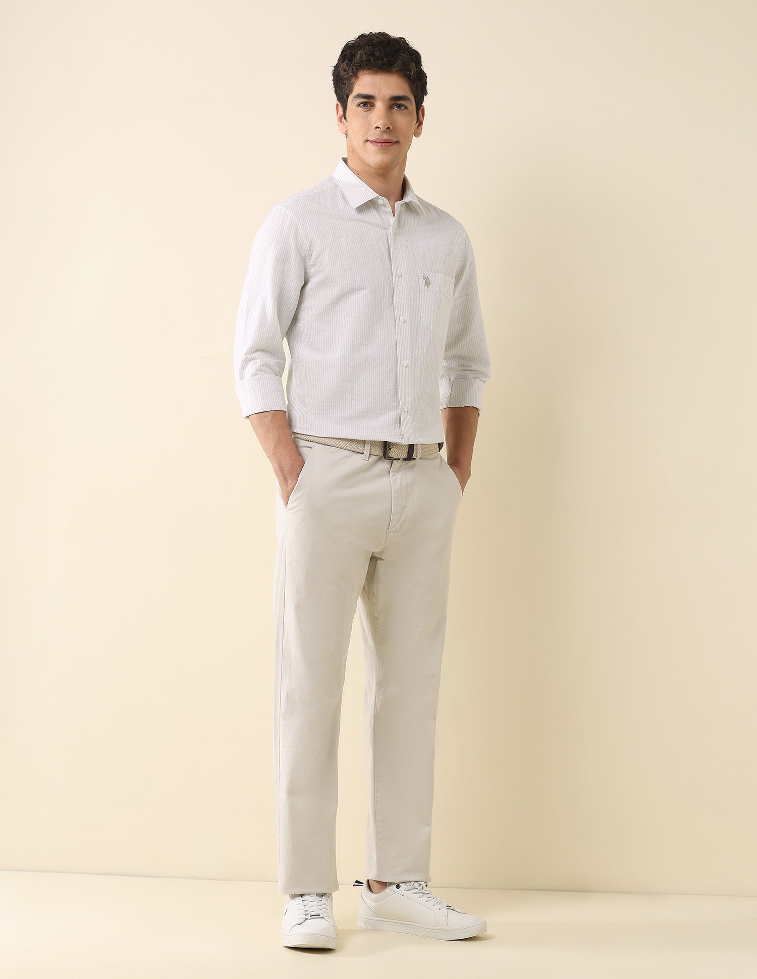 Vertical Striped Tailored Fit Shirt Beige - U.S. Polo Assn. India | Large