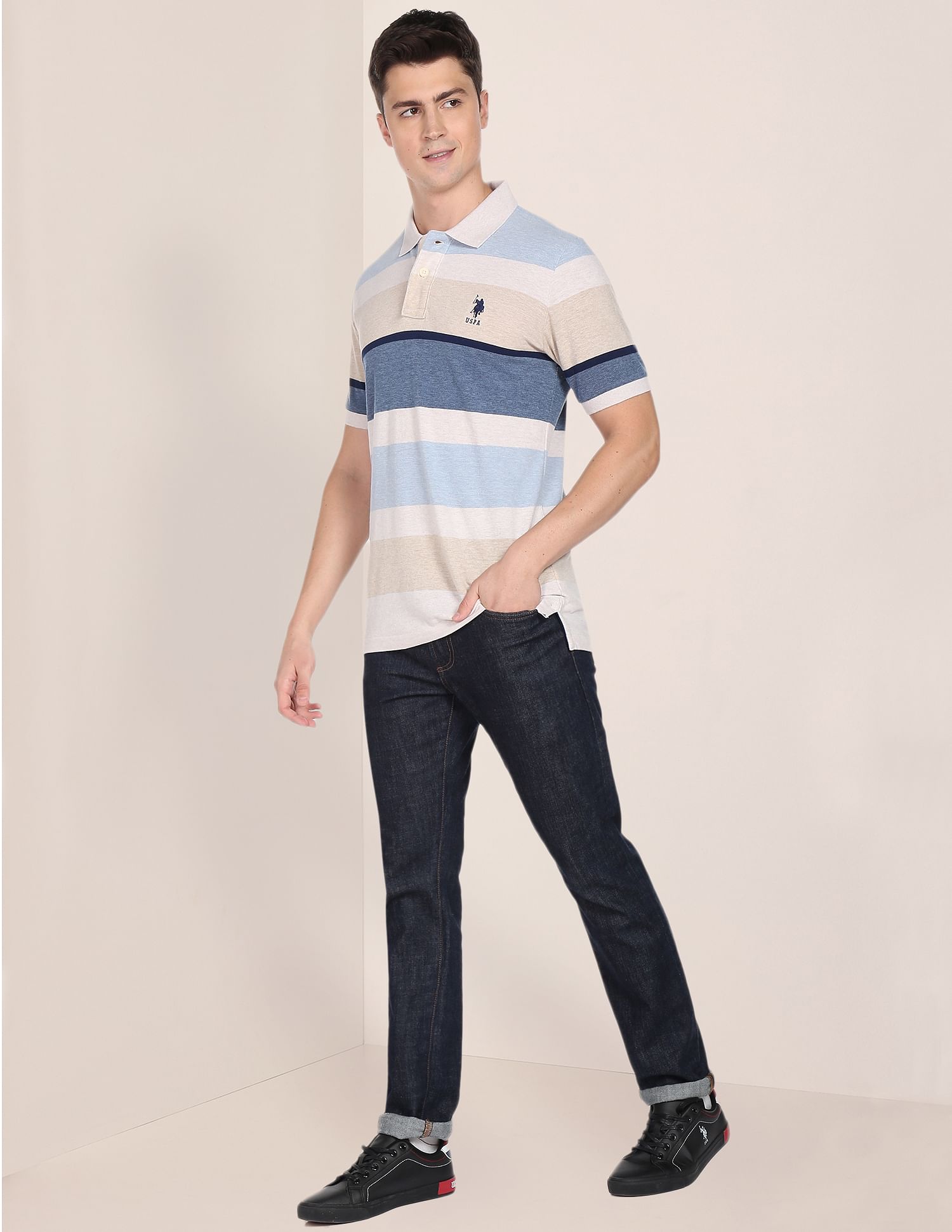 Horizontal Stripe Cotton Pique Polo Shirt Ecru and Blue - U.S. POLO ASSN. | Large