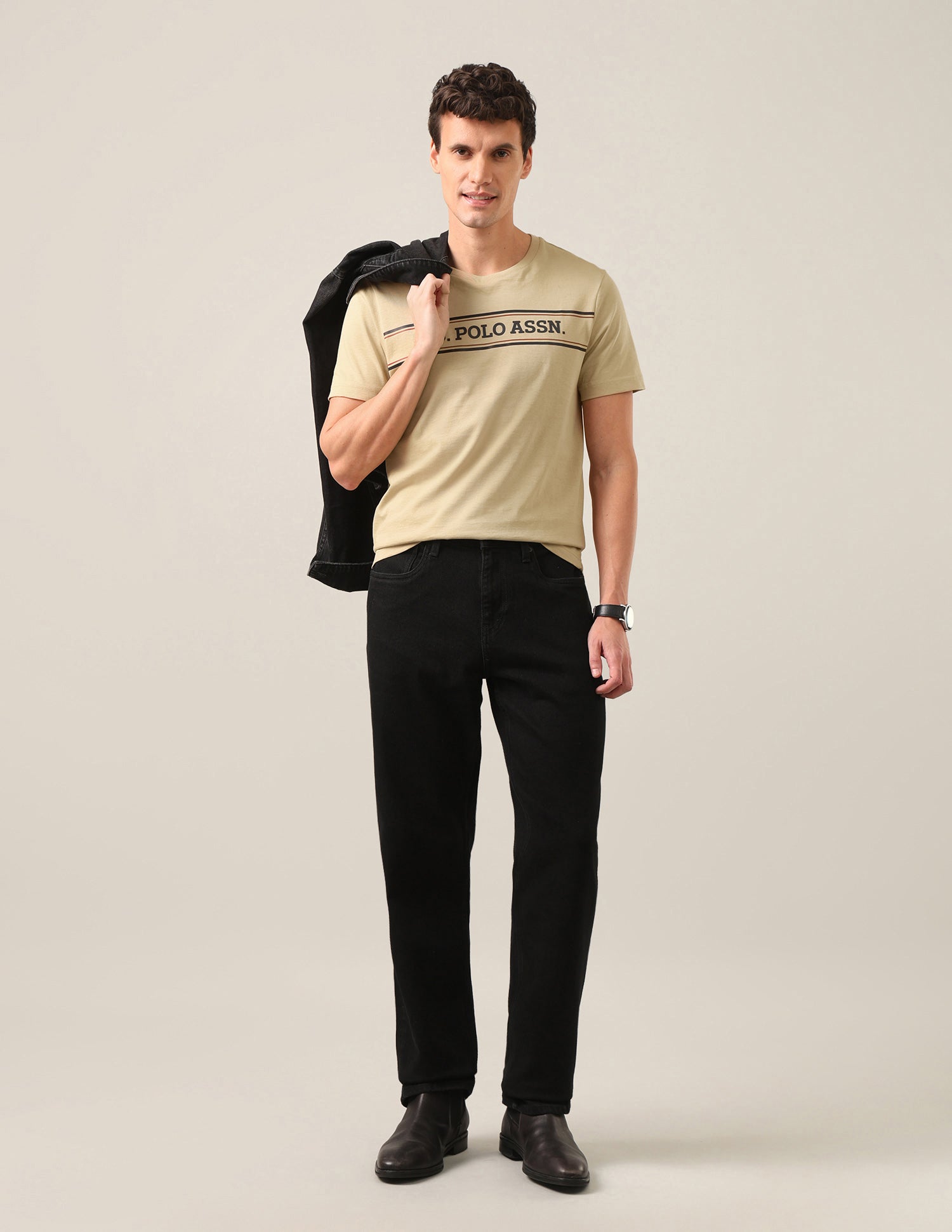 Brand Embossed Regular Fit T-Shirt Beige - U.S. Polo Assn. India | Large