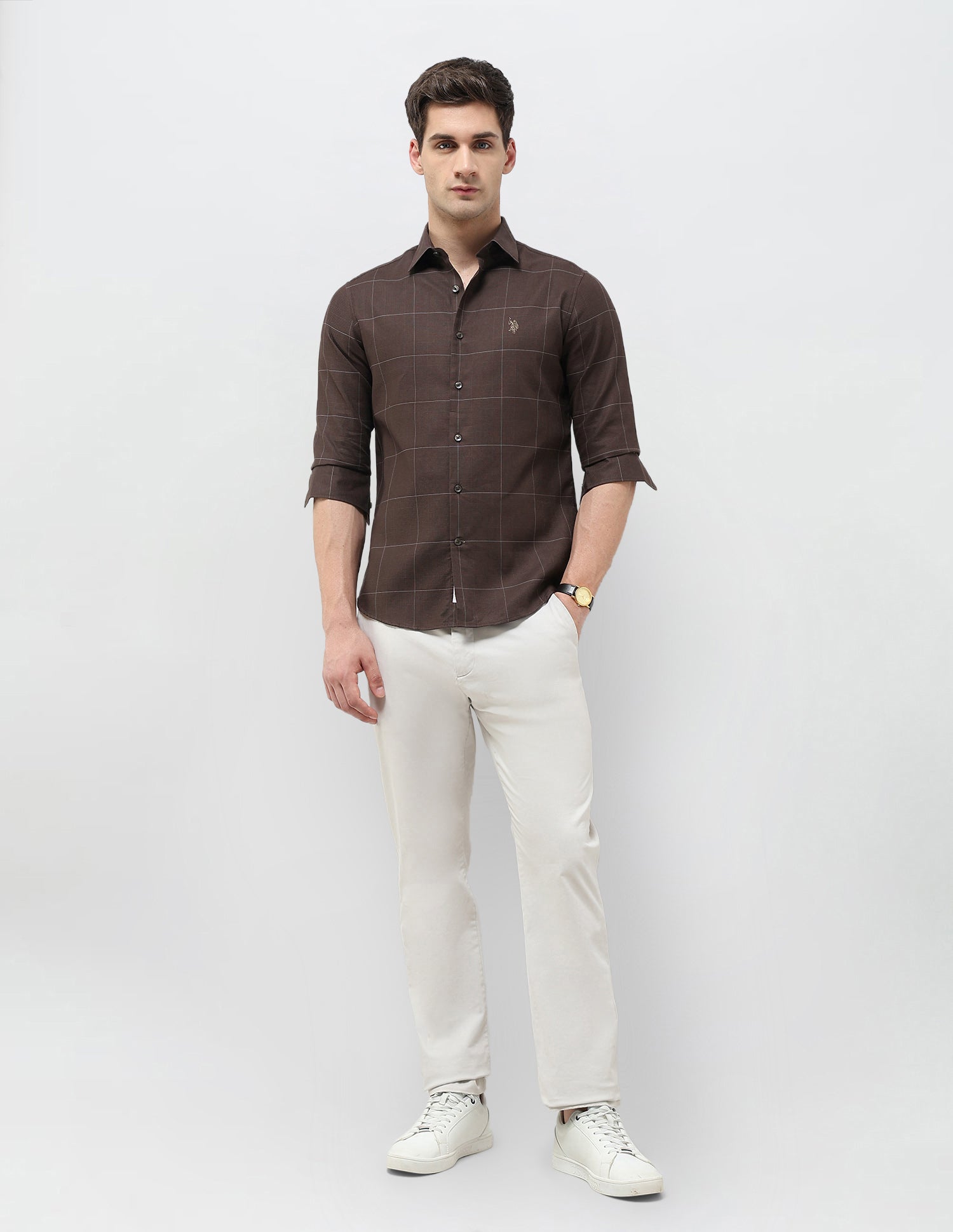 Textured With Windowpane Checked Regular Fit Shirt Brown - U.S. POLO ASSN. | Large