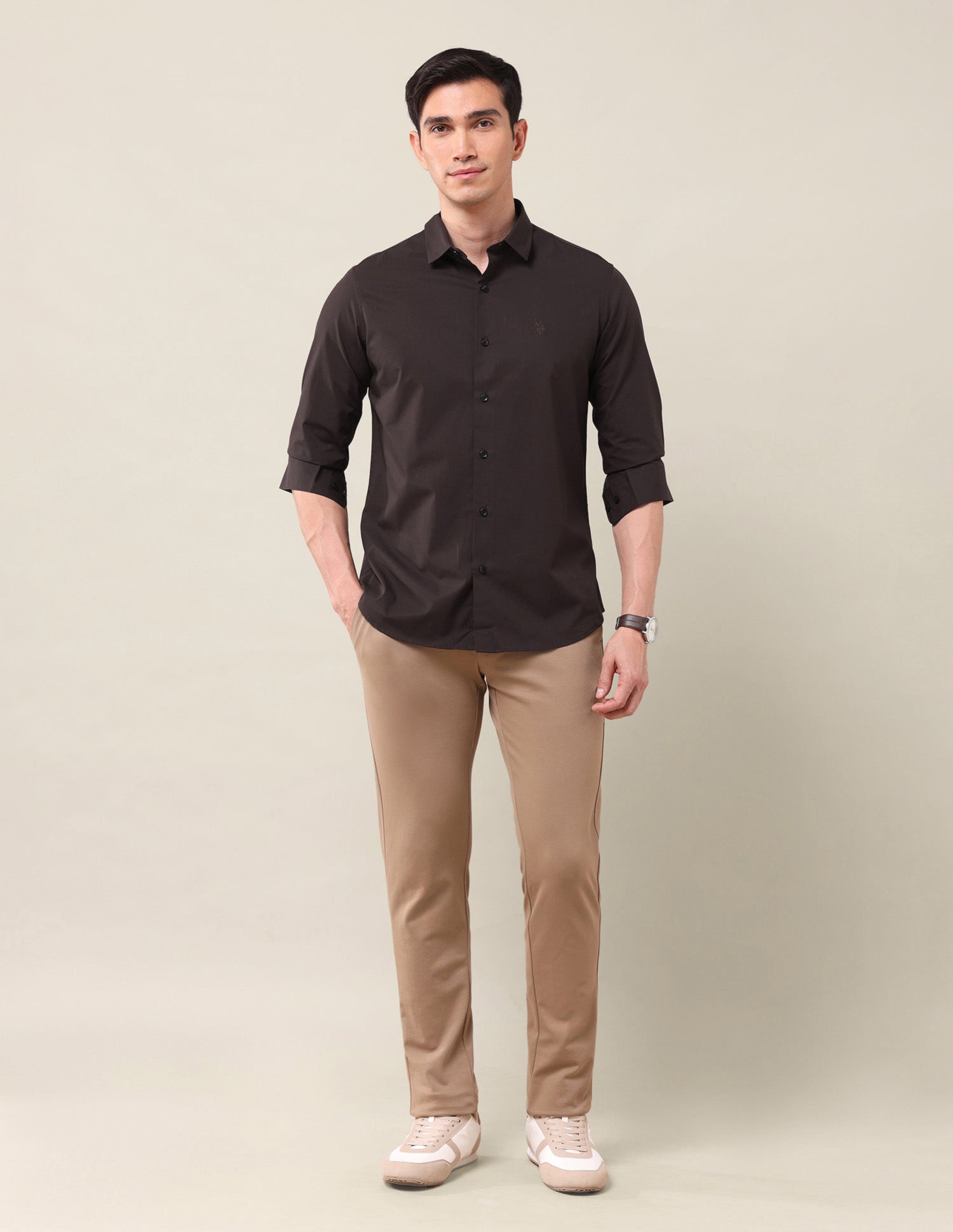 Tailored Fit Solid Shirt Dark Brown - U.S. Polo Assn. India | Large