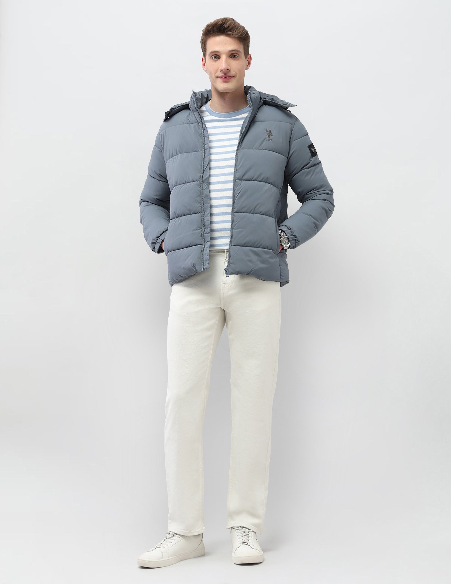 Detachable Hood Puffer Jacket Grey - U.S. Polo Assn. India | Large