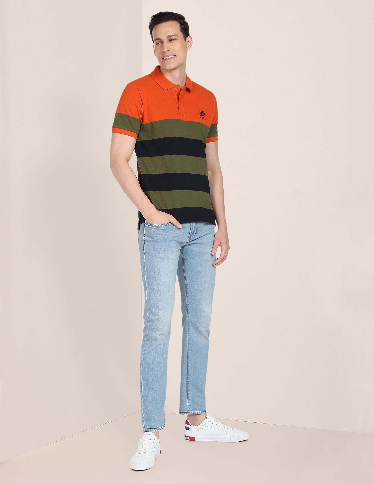 Horizontal Stripe Cotton Polo Shirt Orange, Olive and Navy - U.S. POLO ASSN. | Large