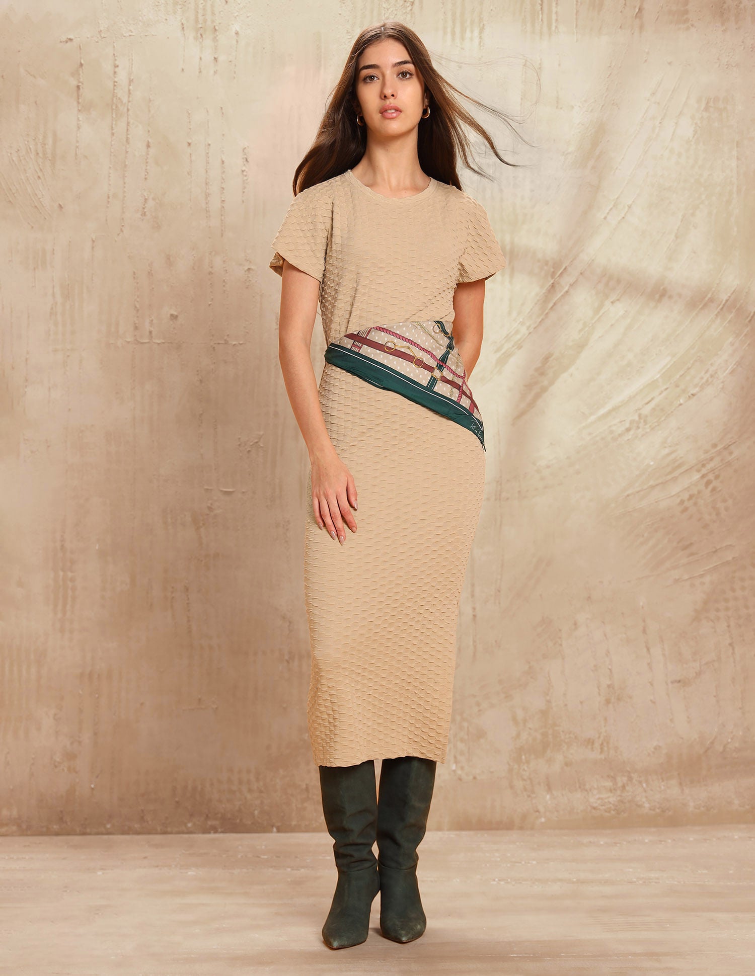 Textured Midi Shift Dress Beige - U.S. Polo Assn. India | Large