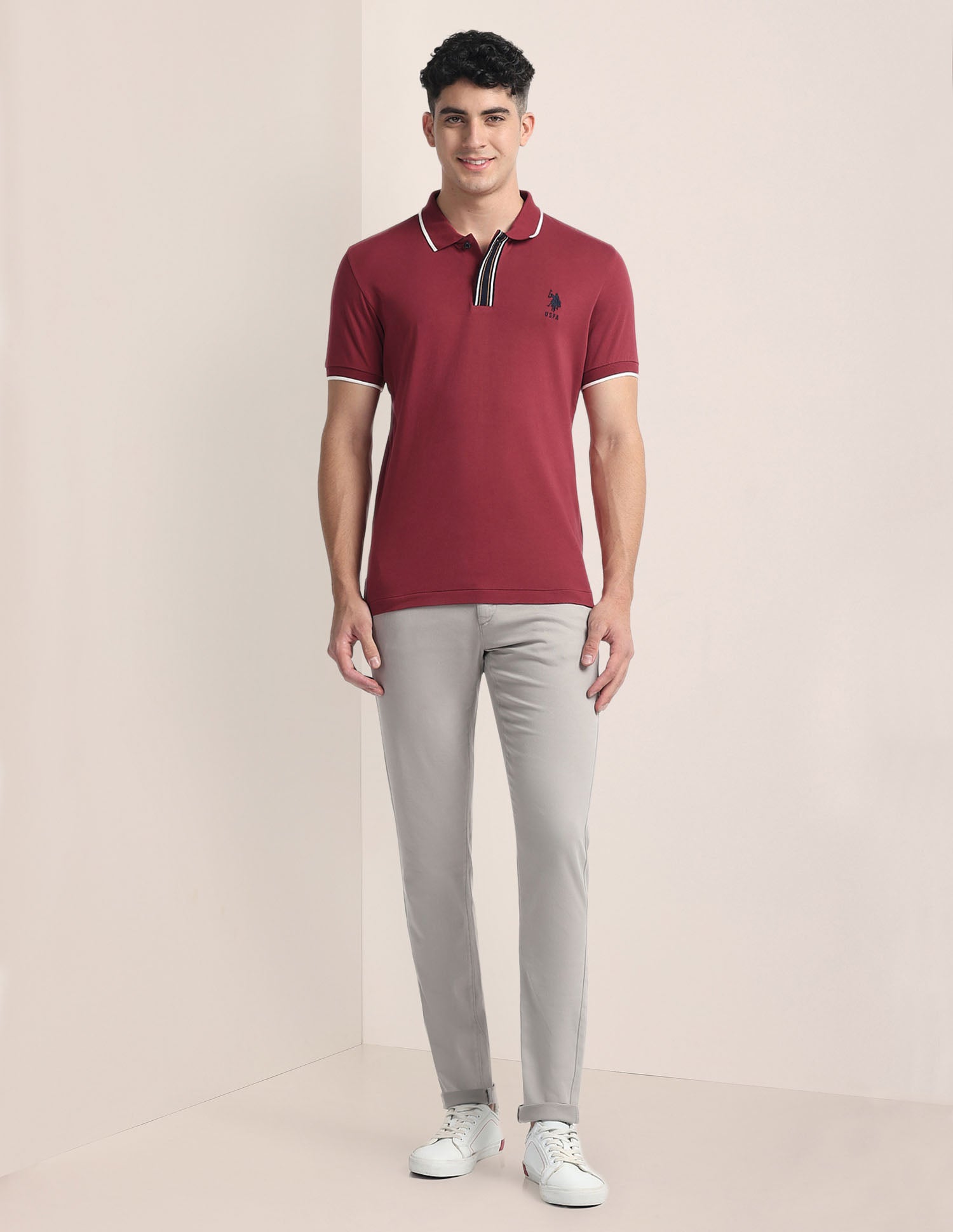 Striped Placket Slim Fit Polo Shirt Maroon - U.S. Polo Assn. India | Large