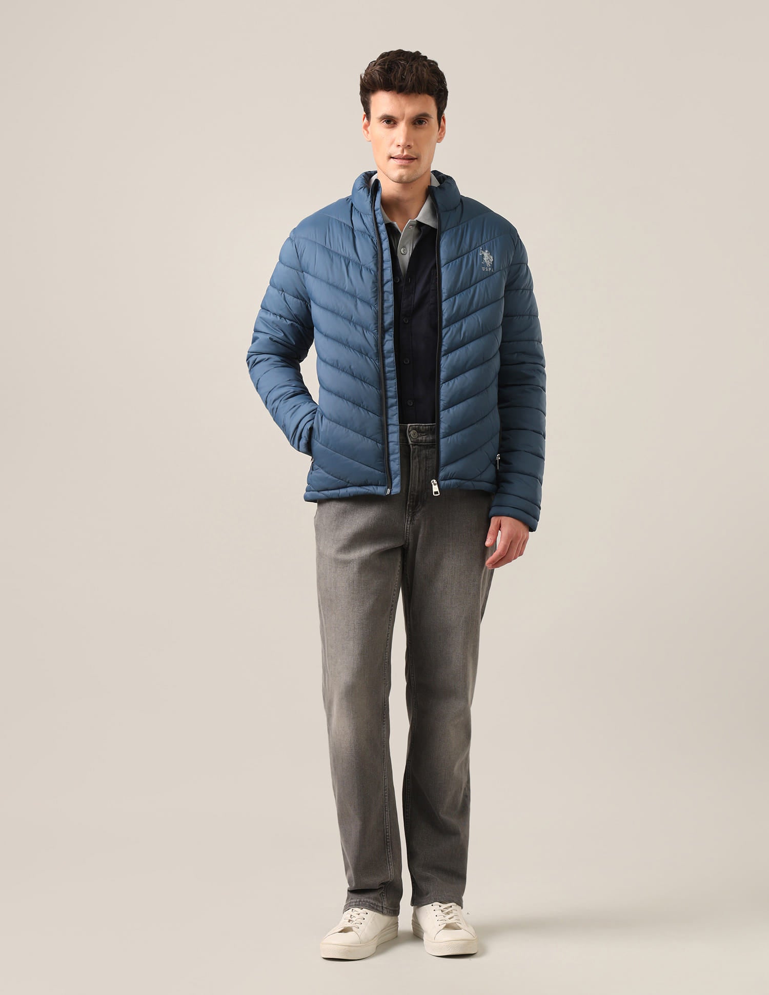 Solid High Neck Jacket Dark Blue - U.S. Polo Assn. India | Large