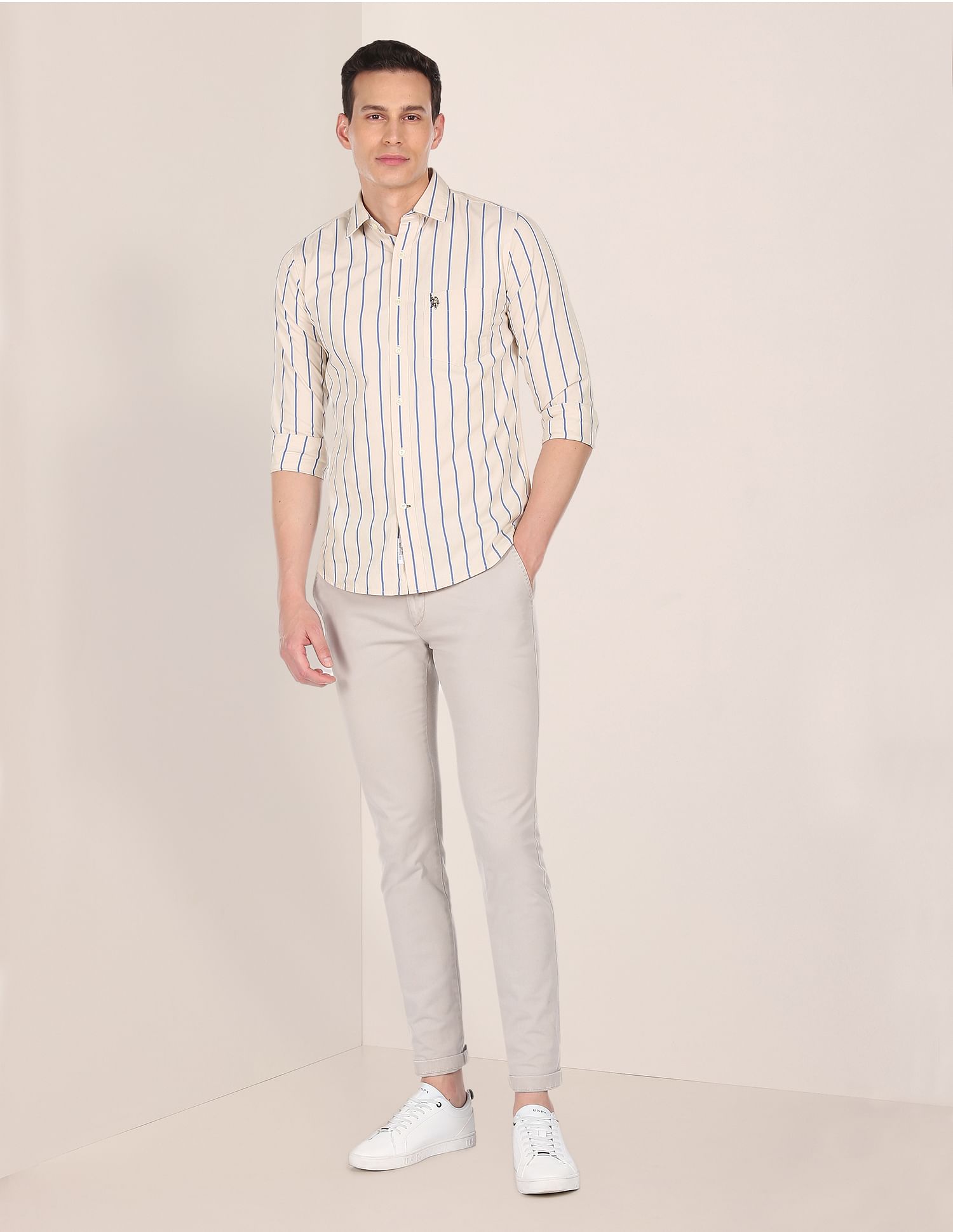 Premium Cotton Striped Casual Shirt Beige - U.S. Polo Assn. India | Large