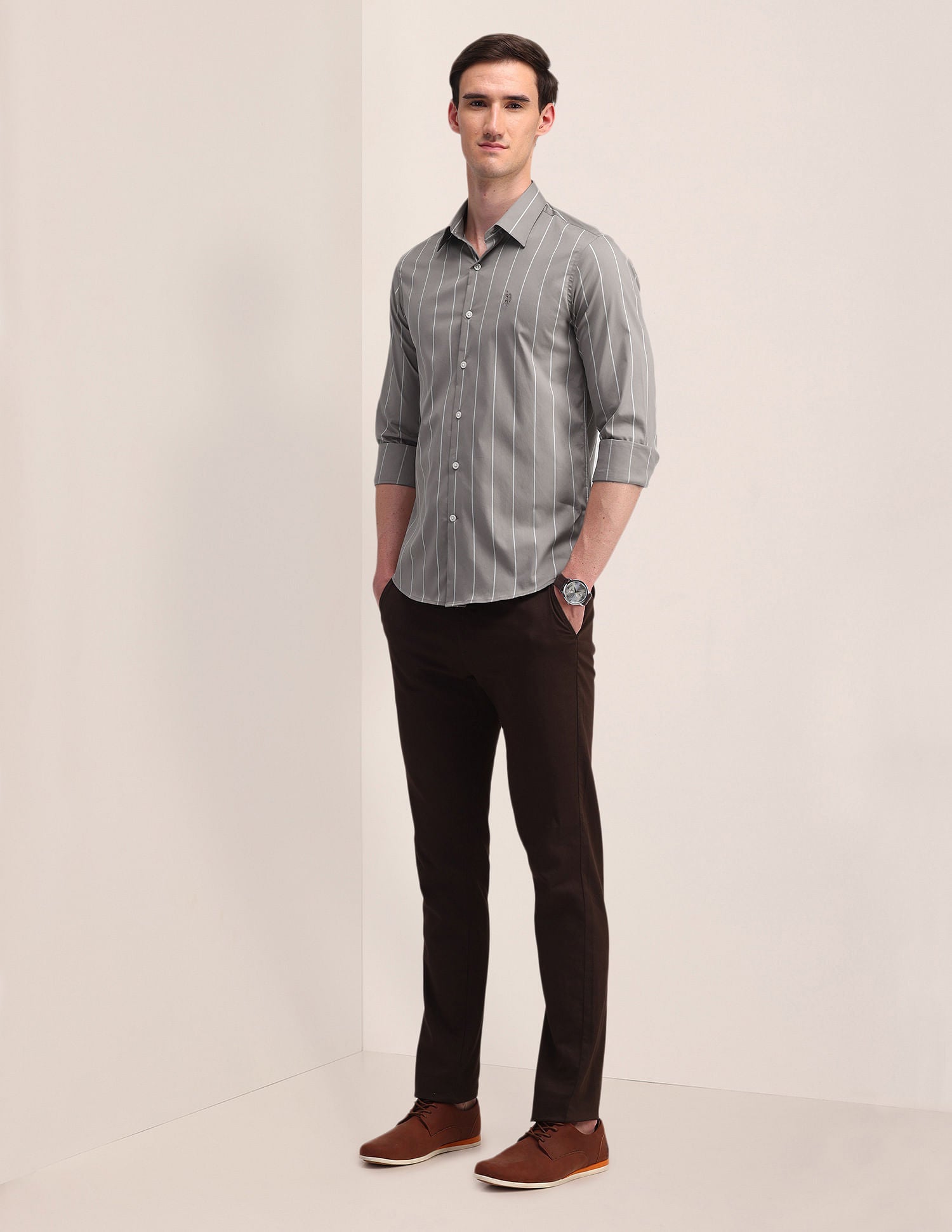 Vertical Striped Slim Fit Shirt Khaki - U.S. Polo Assn. India | Large
