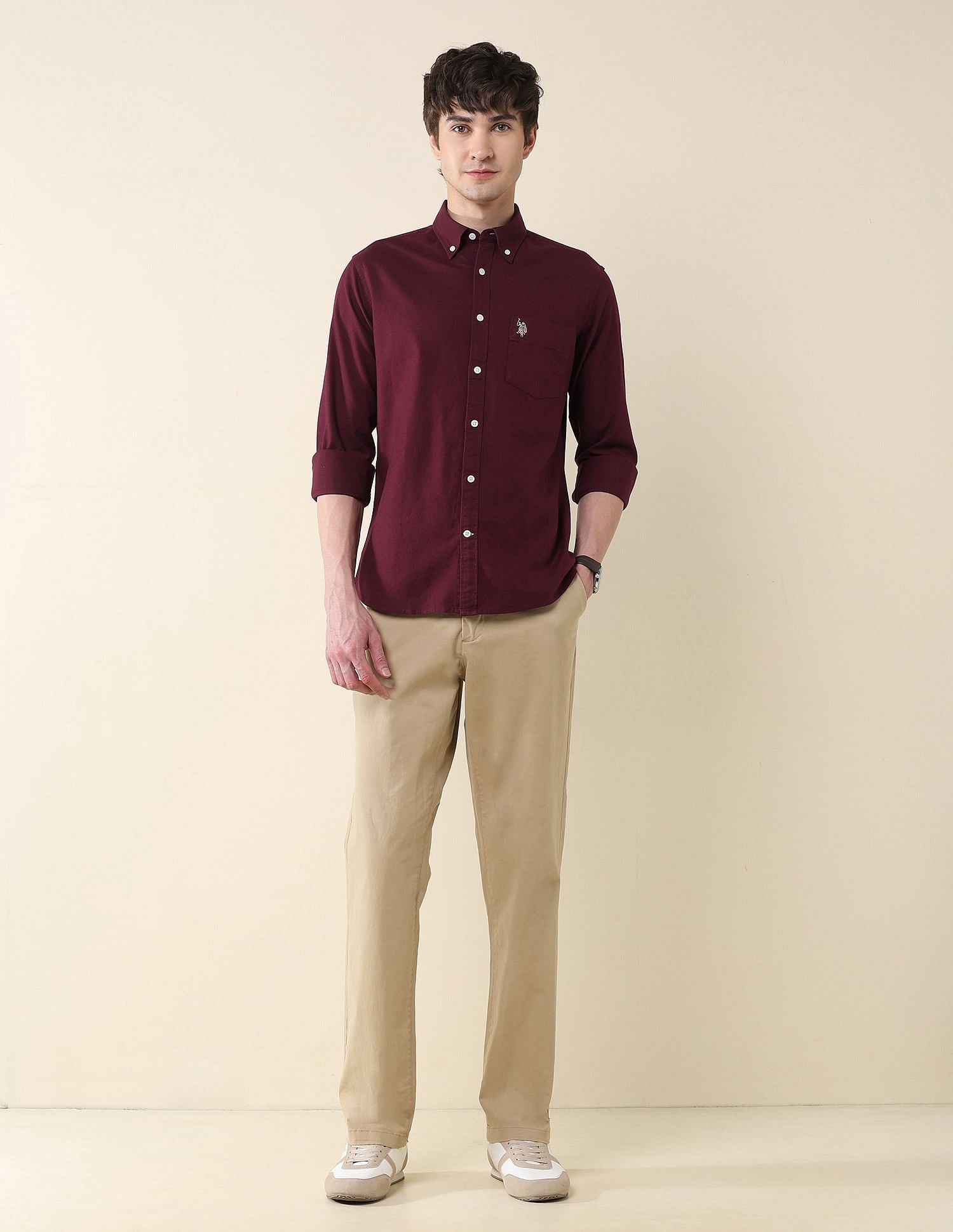Solid Oxford Stretch Button Down Shirt Maroon - U.S. Polo Assn. India | Large