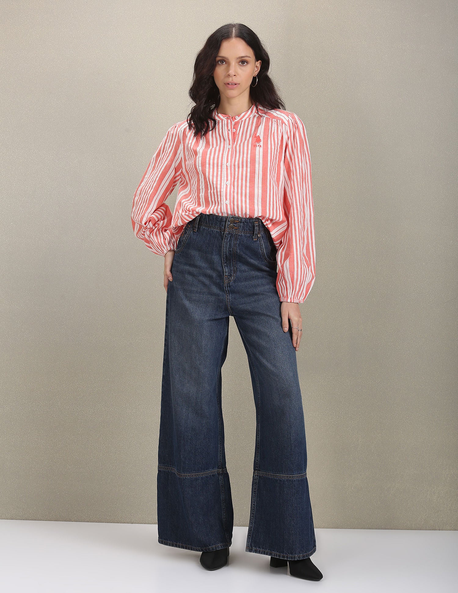 Vertical Stripe Oxford Shirt White and Orange - U.S. POLO ASSN. | Large