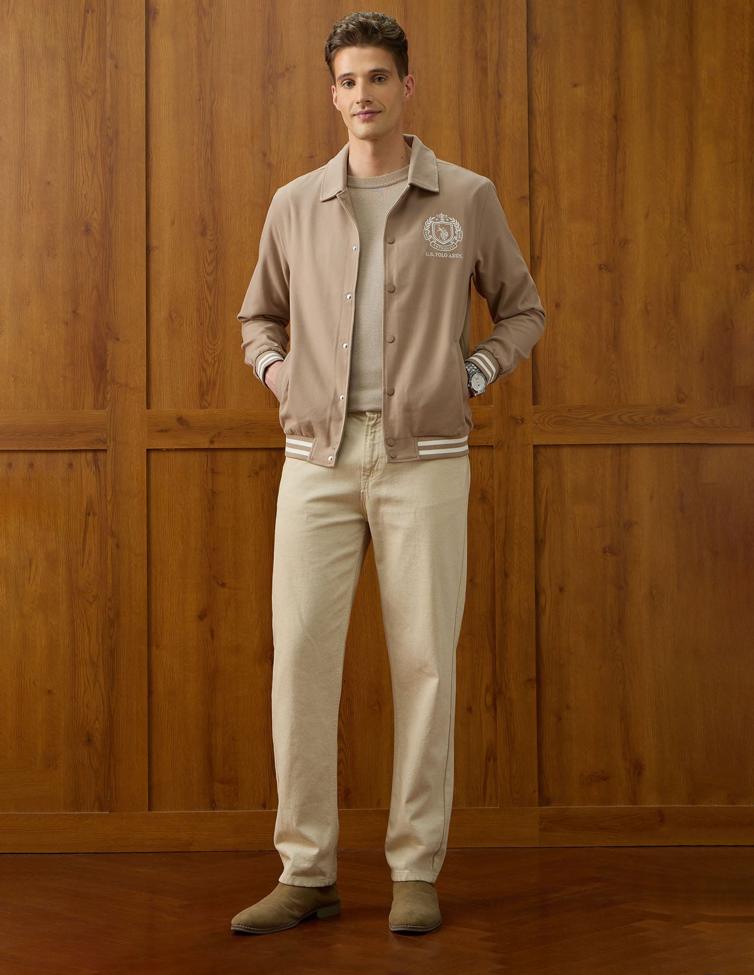 Equestrian Aisle Theater Regular Fit Varsity Jacket Khaki - U.S. POLO ASSN. | Large