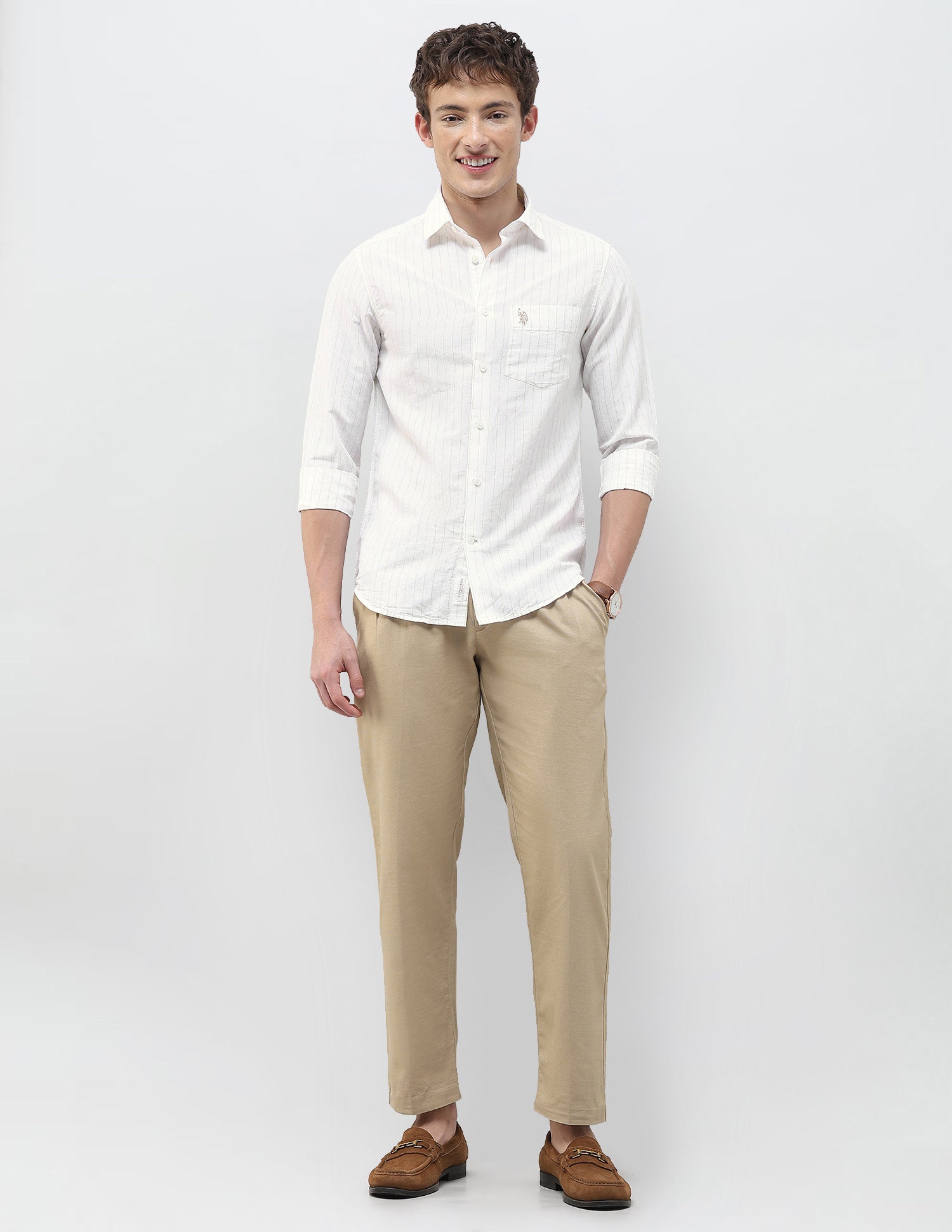 Vertical Striped Regular Fit Shirt Beige - U.S. Polo Assn. India | Large