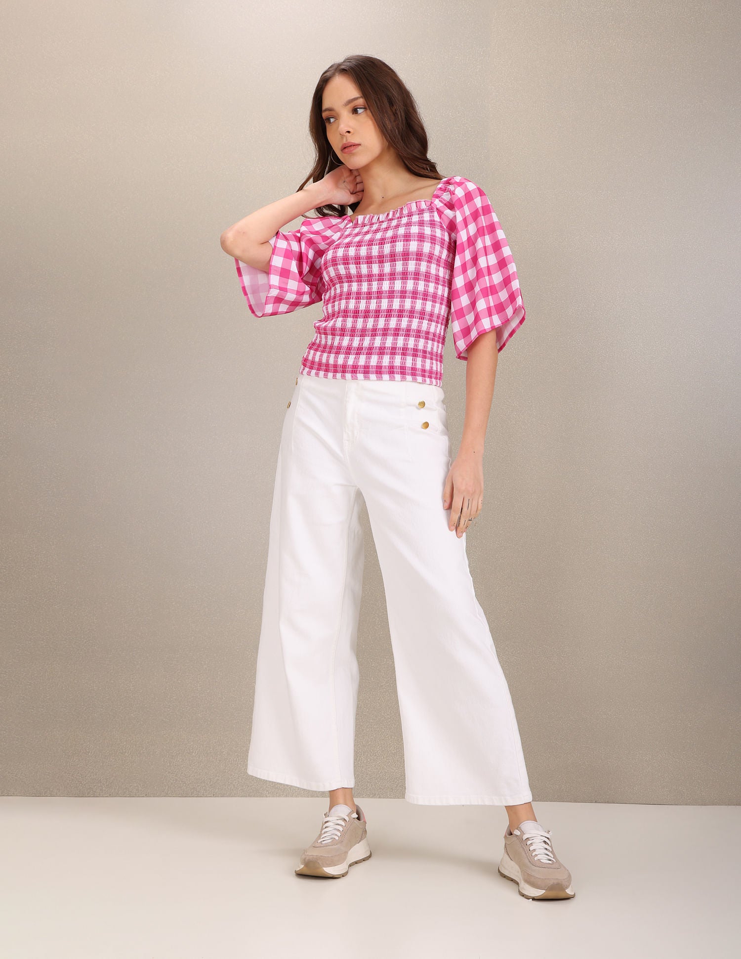 Square Neck Gingham Check Smocked Top Fuchsia - U.S. POLO ASSN. | Large