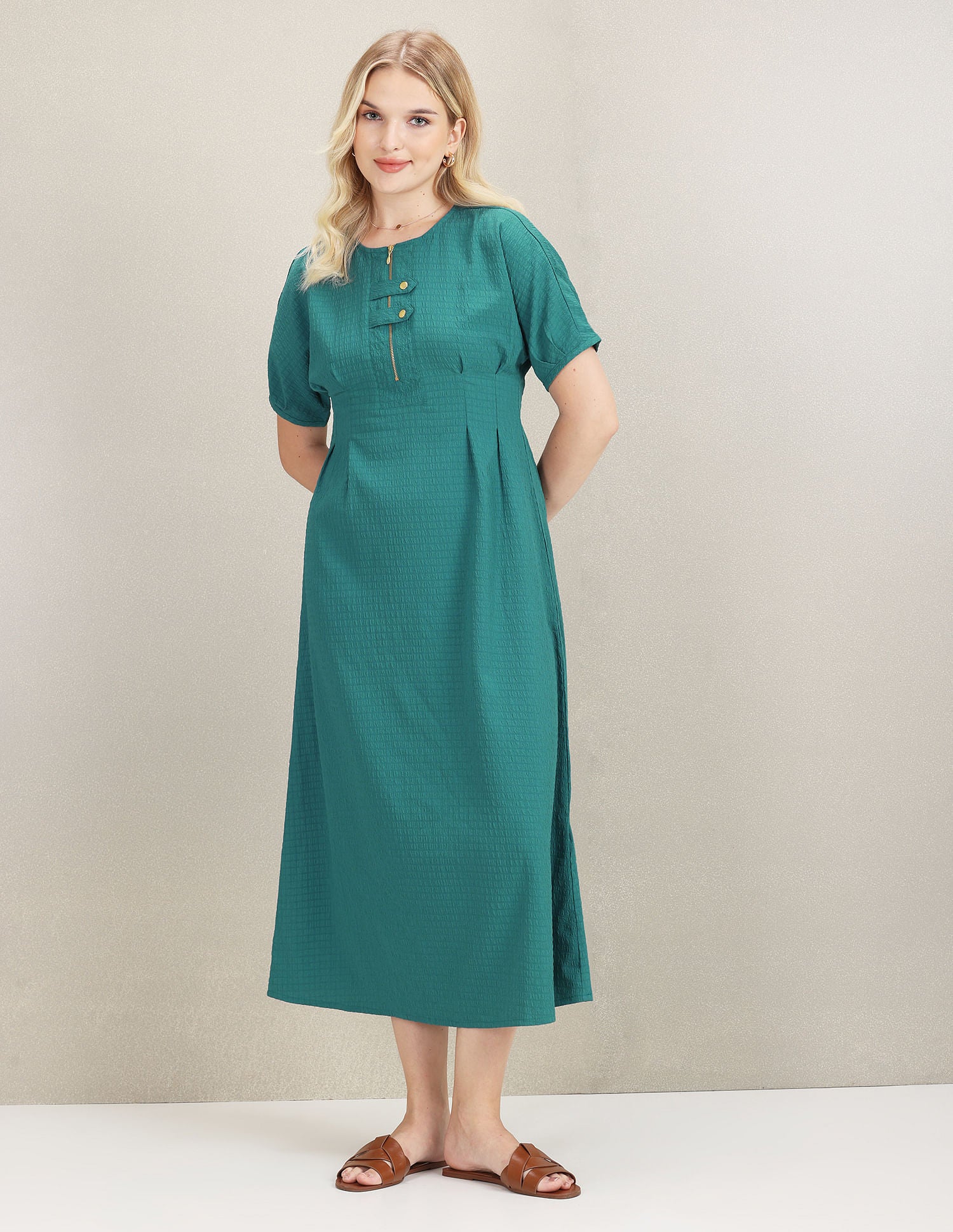 Textured Fit And Flare Midi Dress Teal - U.S. Polo Assn. India | Large