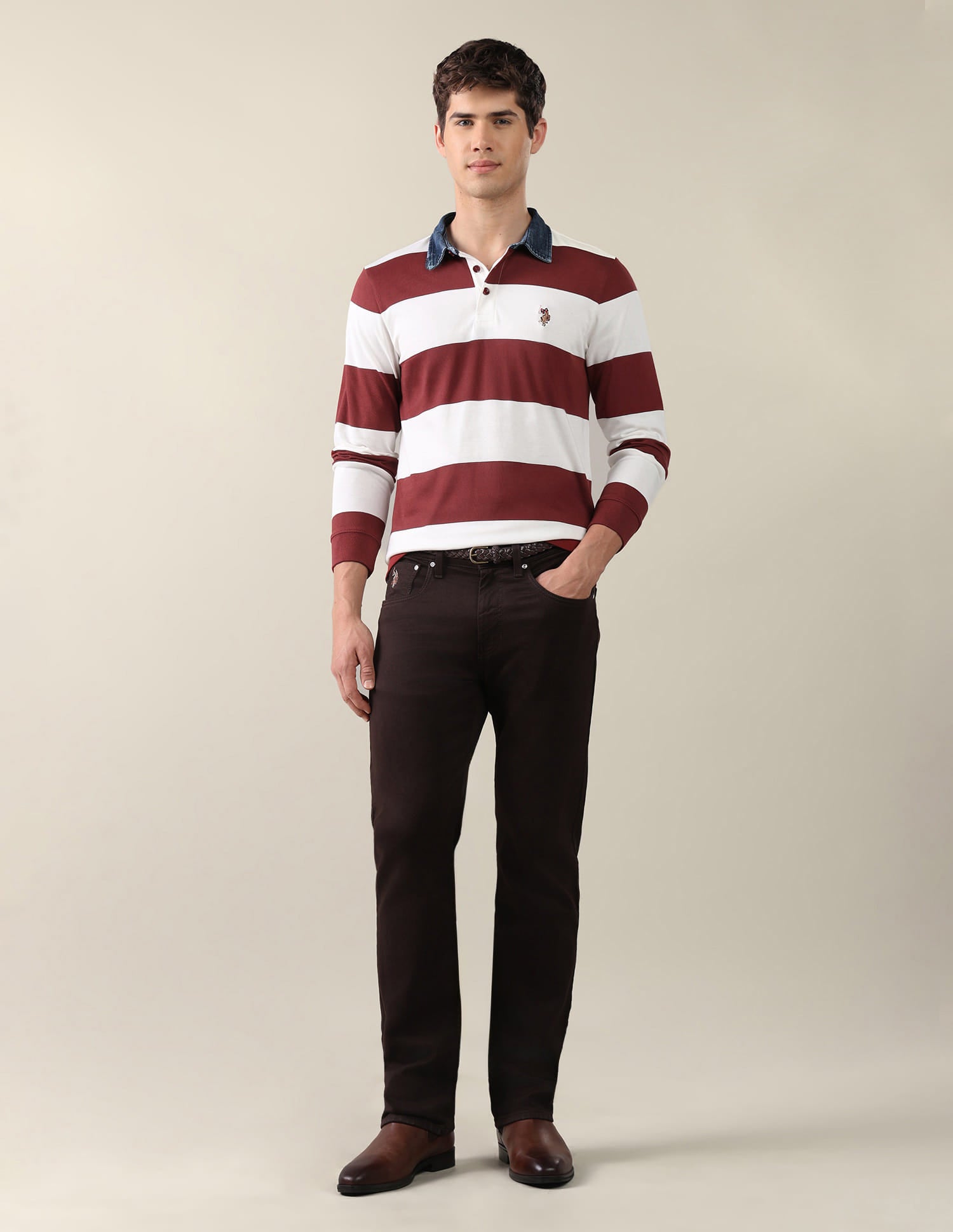 Horizontal Striped Slim Fit Polo Shirt Brown - U.S. Polo Assn. India | Large