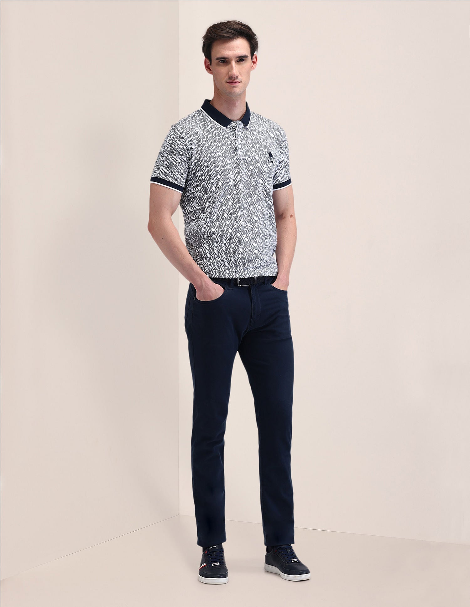 Slim Fit Geometric Polo Shirt Navy - U.S. Polo Assn. India | Large
