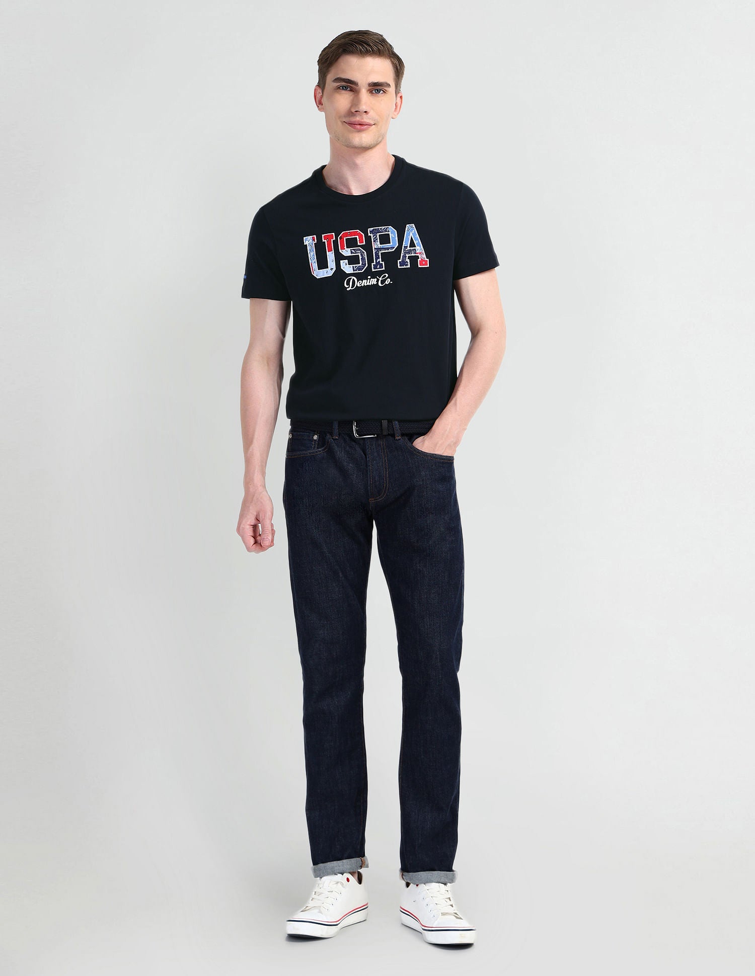Brand Printed Cotton T-Shirt Navy - U.S. Polo Assn. India | Large