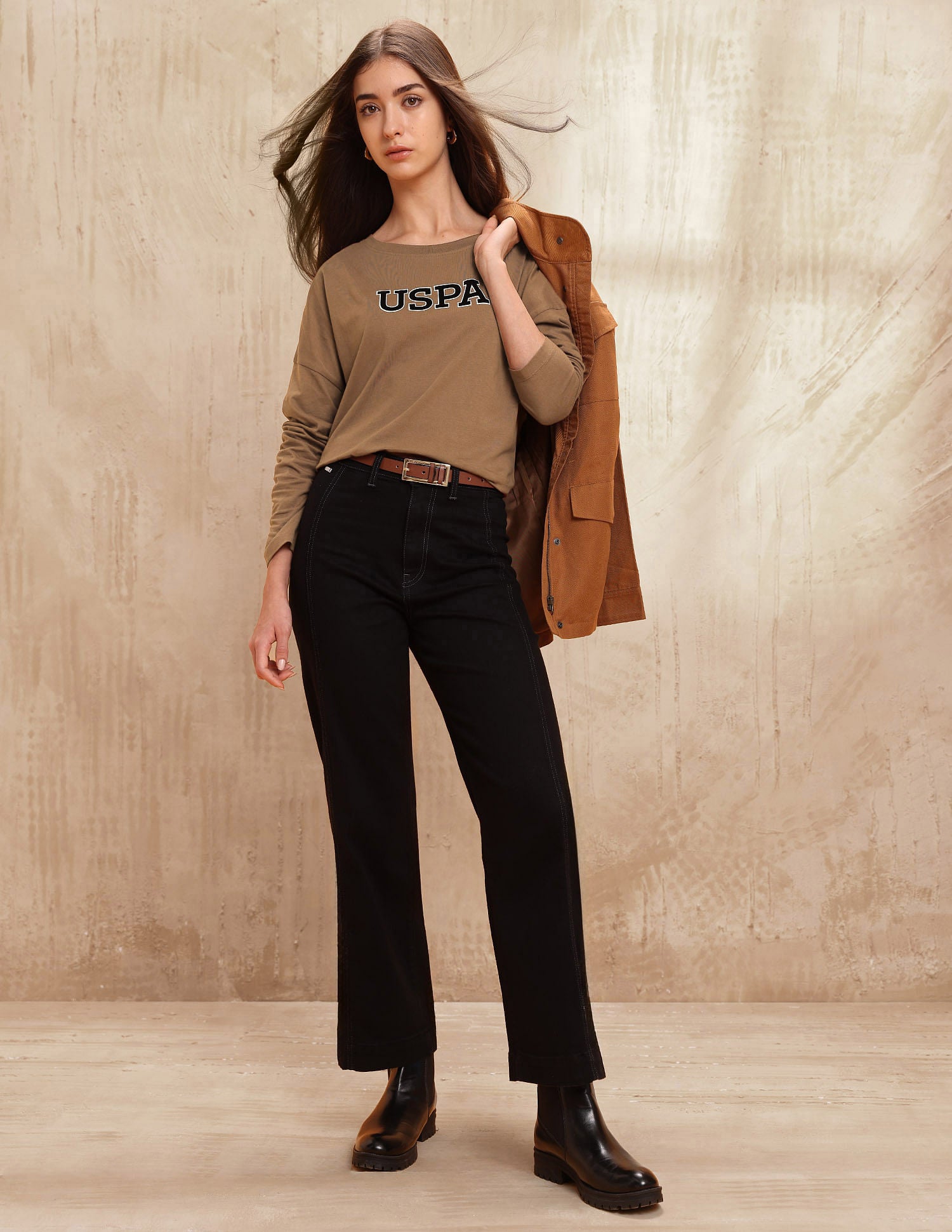 Crew Neck Drop Shoulder Full Sleeves Tshirt With Flock Print Brown - U.S. POLO ASSN. | Large