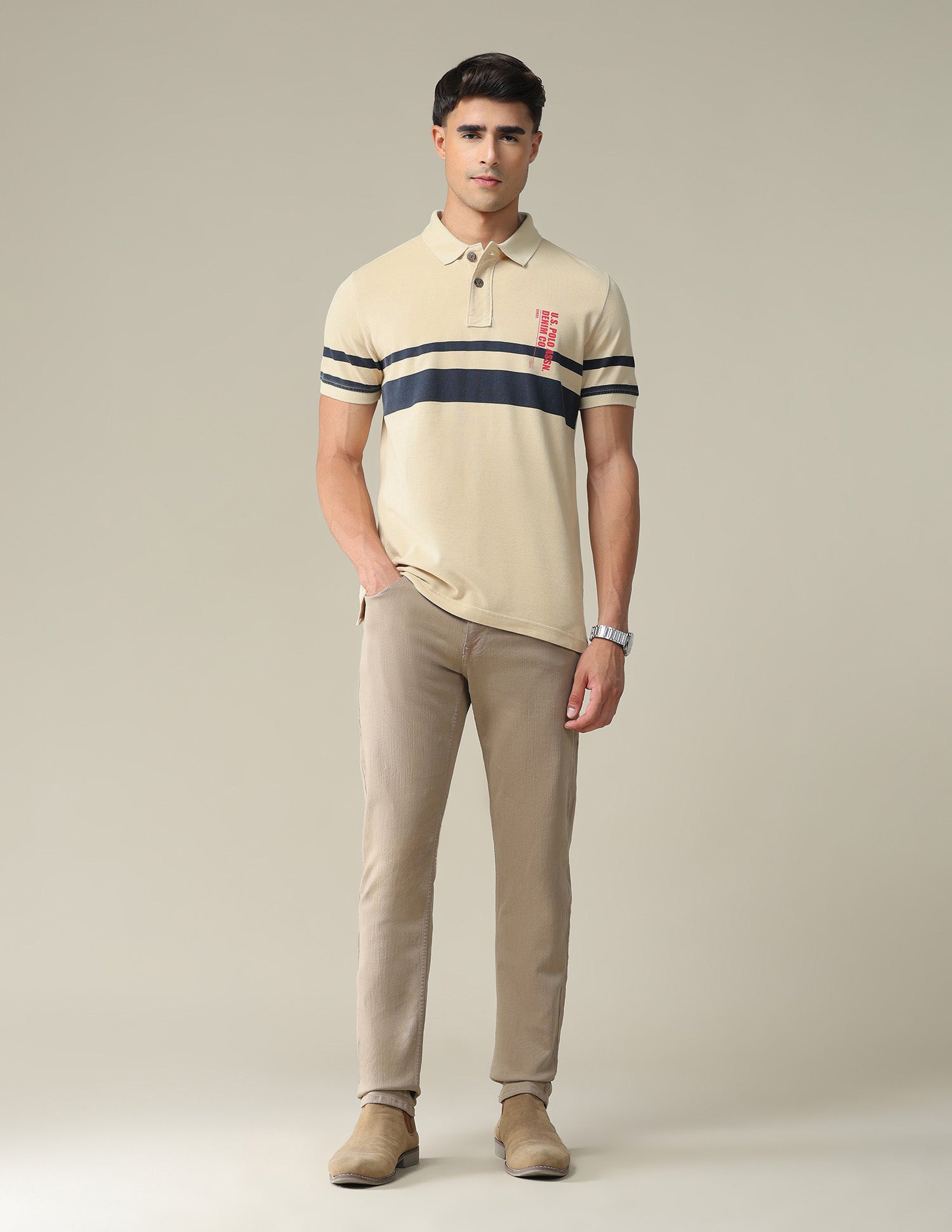 Horizontal Engineered Stripe Cotton Polo Shirt Beige - U.S. POLO ASSN. | Large