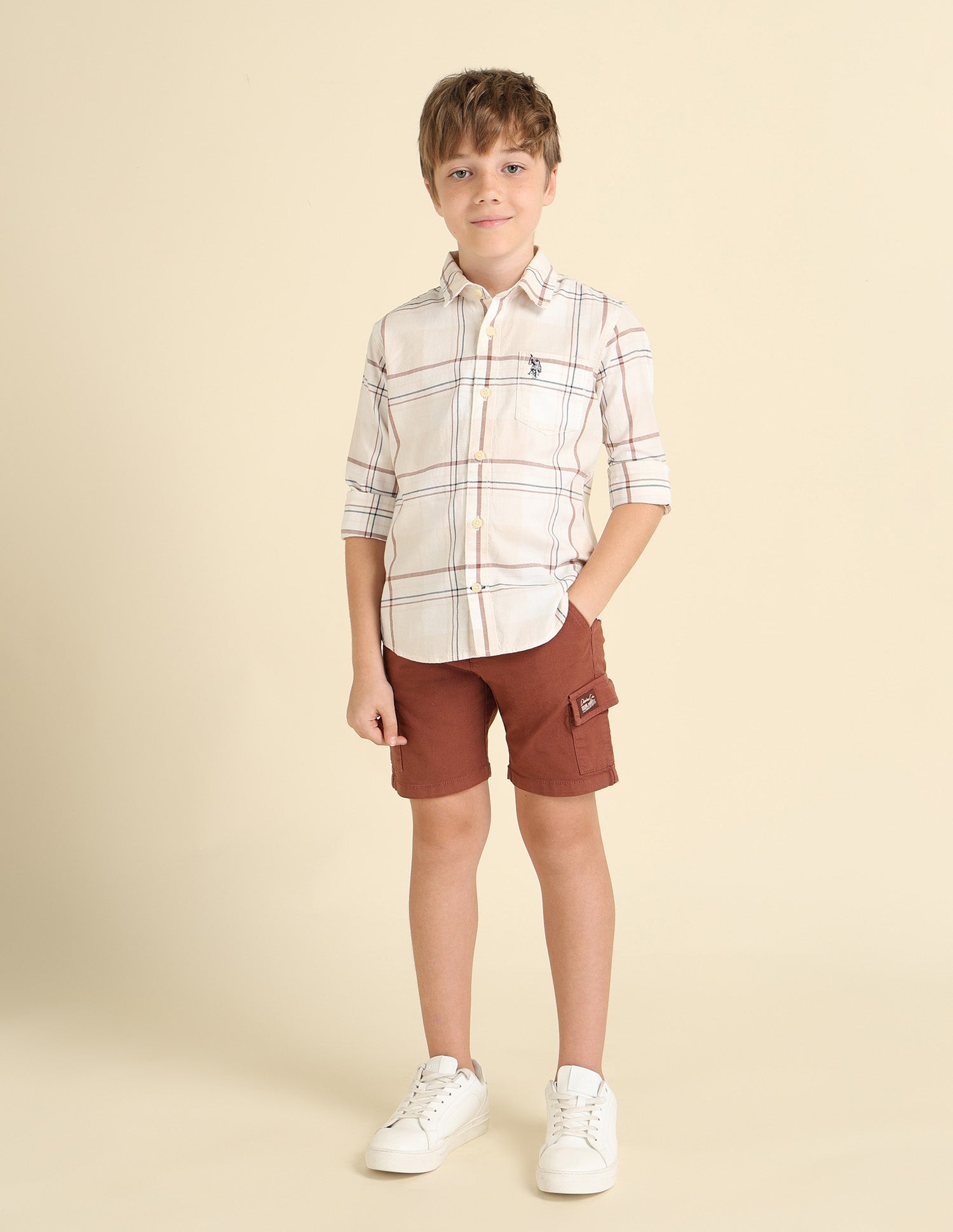 Boys Plaid Checked Regular Fit Shirt Ecru - U.S. POLO ASSN. | Large
