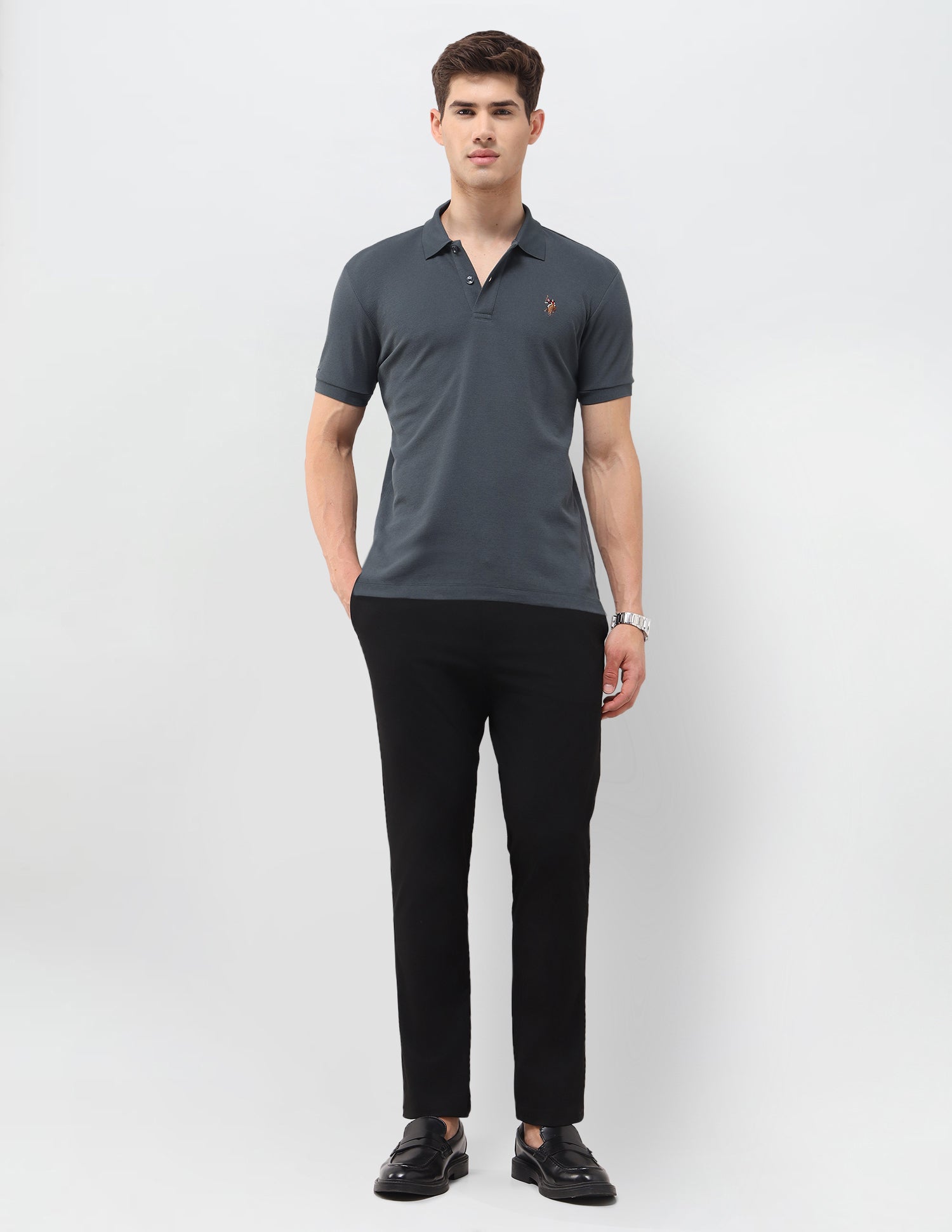 Solid Slim Fit Polo Shirt Dark Grey - U.S. Polo Assn. India | Large