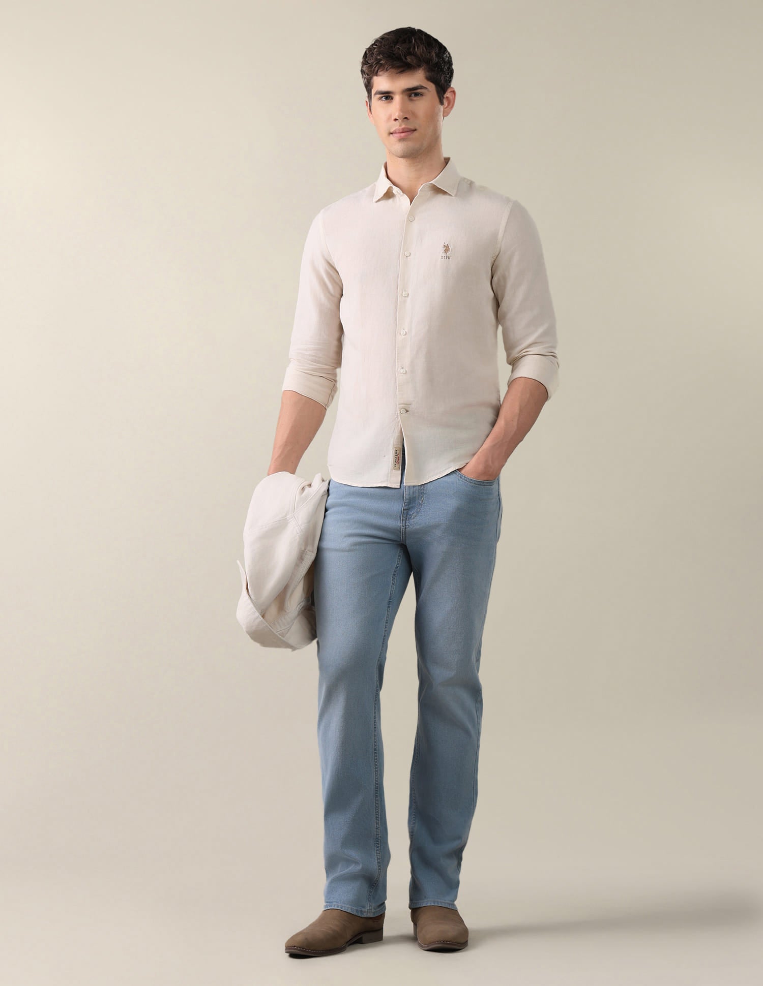 Solid Regular Fit Shirt Beige - U.S. Polo Assn. India | Large