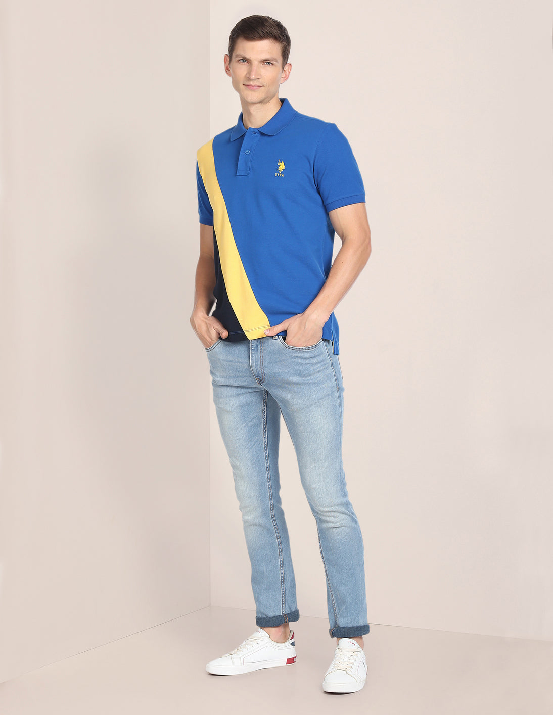 Colour Block Cotton Polo Shirt Blue - U.S. Polo Assn. India | Large