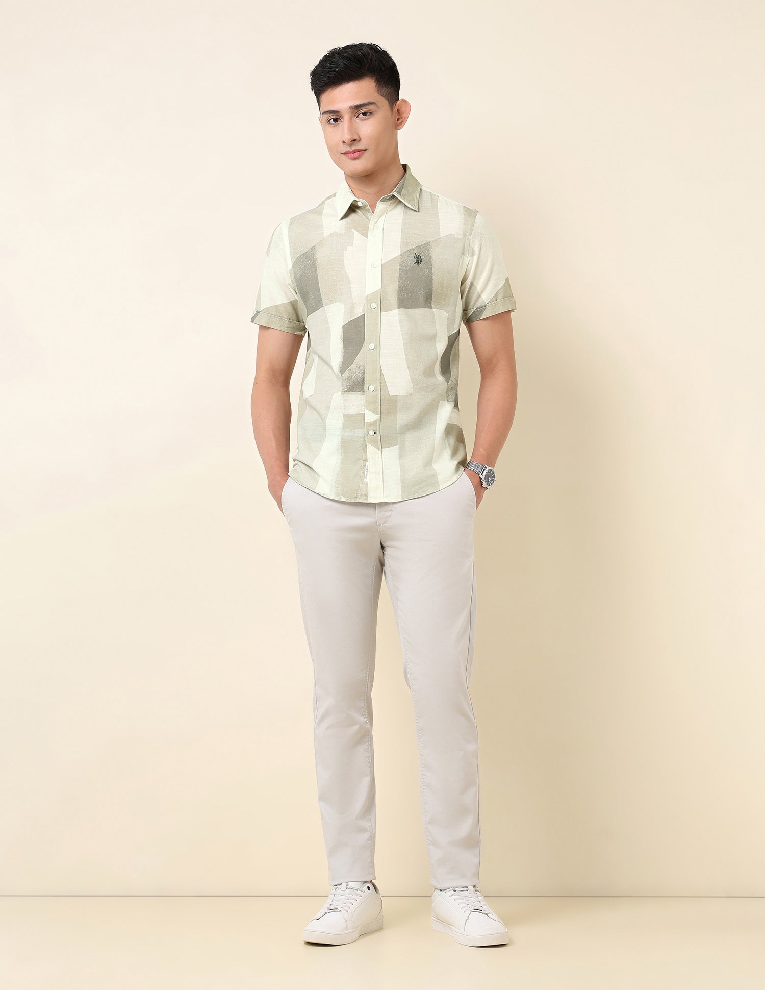 Abstract Printed Pure Cotton Shirt Olive - U.S. POLO ASSN. | Large