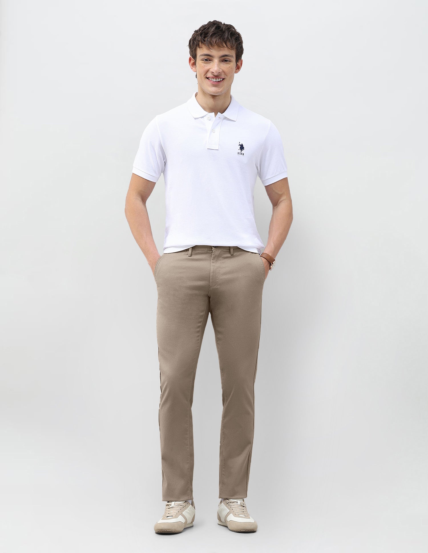 Denver Slim Fit Dobby Trousers Taupe Brown - U.S. Polo Assn. India | Large