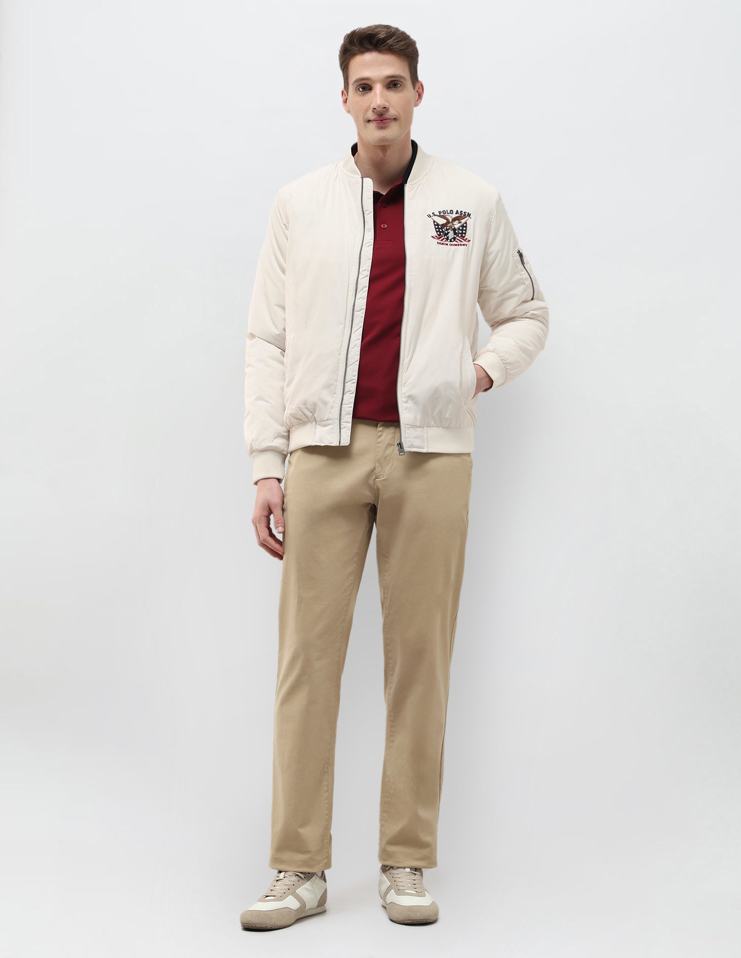 Solid Regular Fit Bomber Jacket Off White - U.S. Polo Assn. India | Large