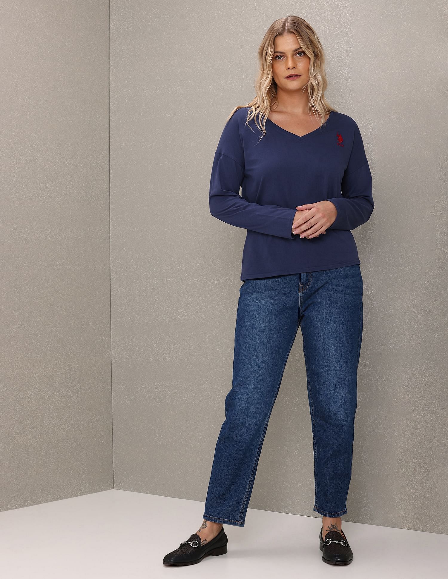 V-Neck Long Sleeve Solid Top Blue - U.S. Polo Assn. India | Large