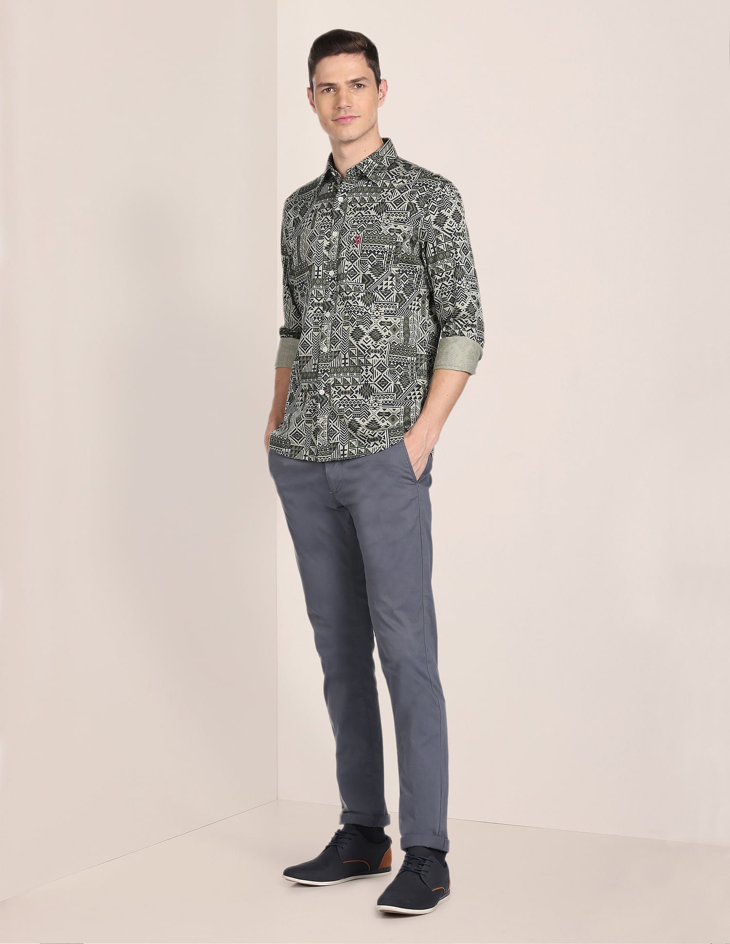 Spread Collar Geometric Print Shirt Olive - U.S. Polo Assn. India | Large