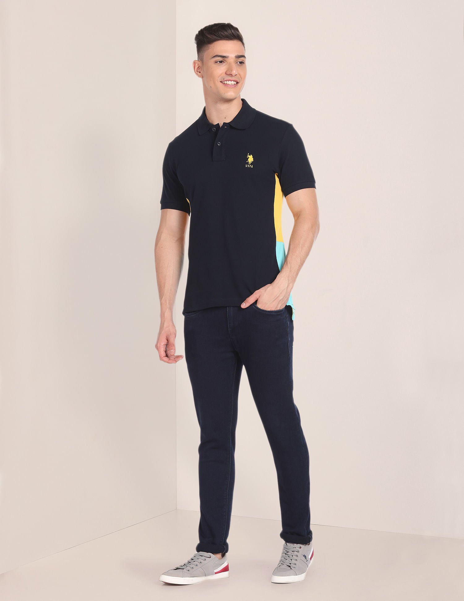 Colour Blocked Cotton Polo Shirt Navy - U.S. Polo Assn. India | Large