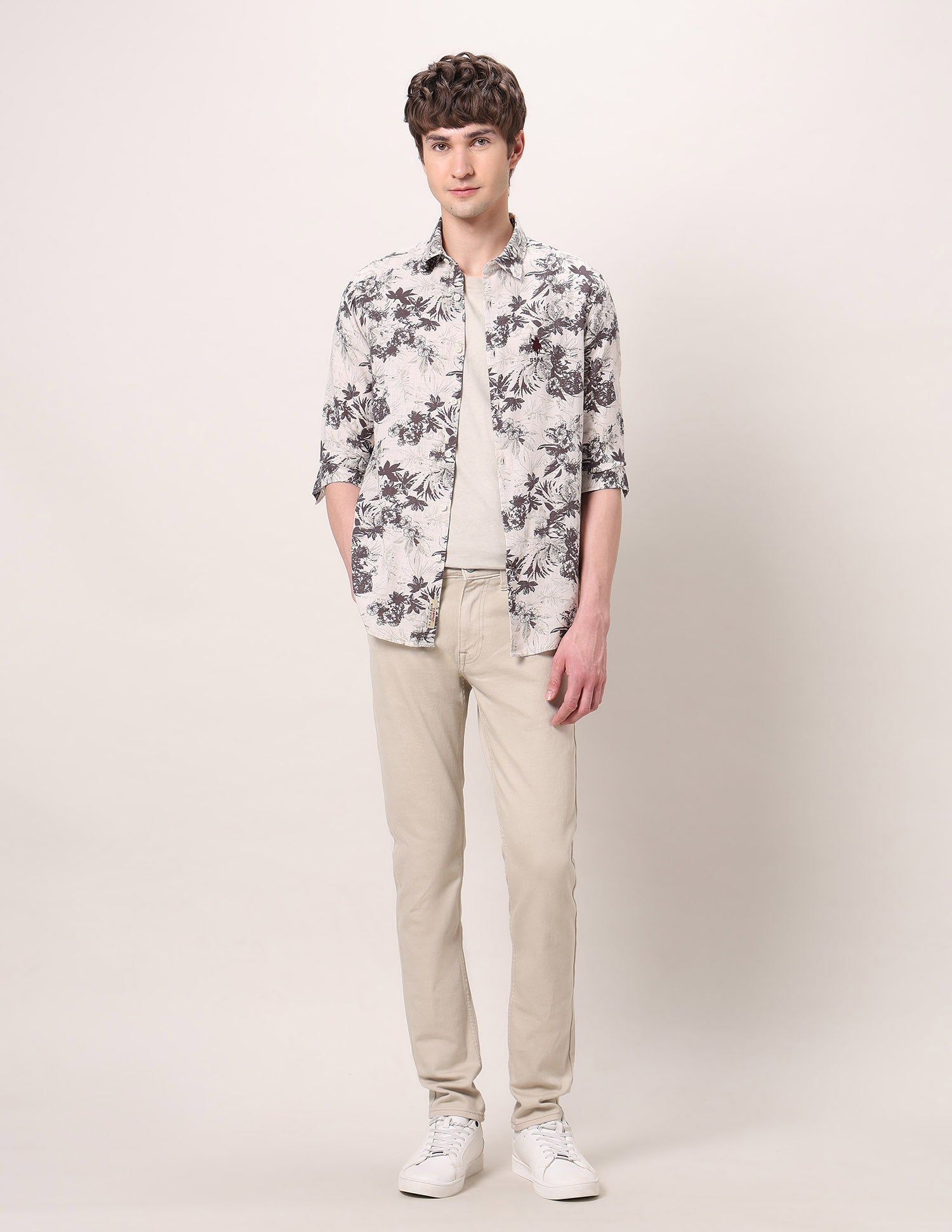 Floral Printed Regular Fit Shirt Beige - U.S. POLO ASSN. | Large