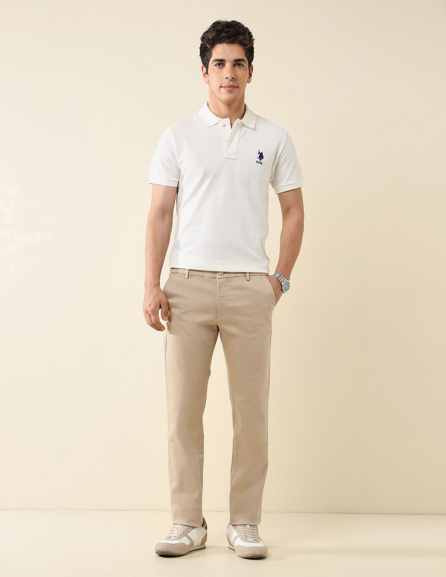 Elasticized Waist Slim Fit Trousers Beige - U.S. POLO ASSN. | Large