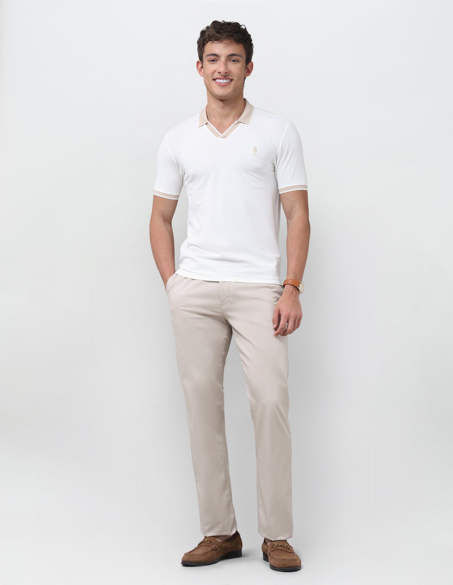 Solid Slim Fit Polo Shirt Off White - U.S. Polo Assn. India | Large