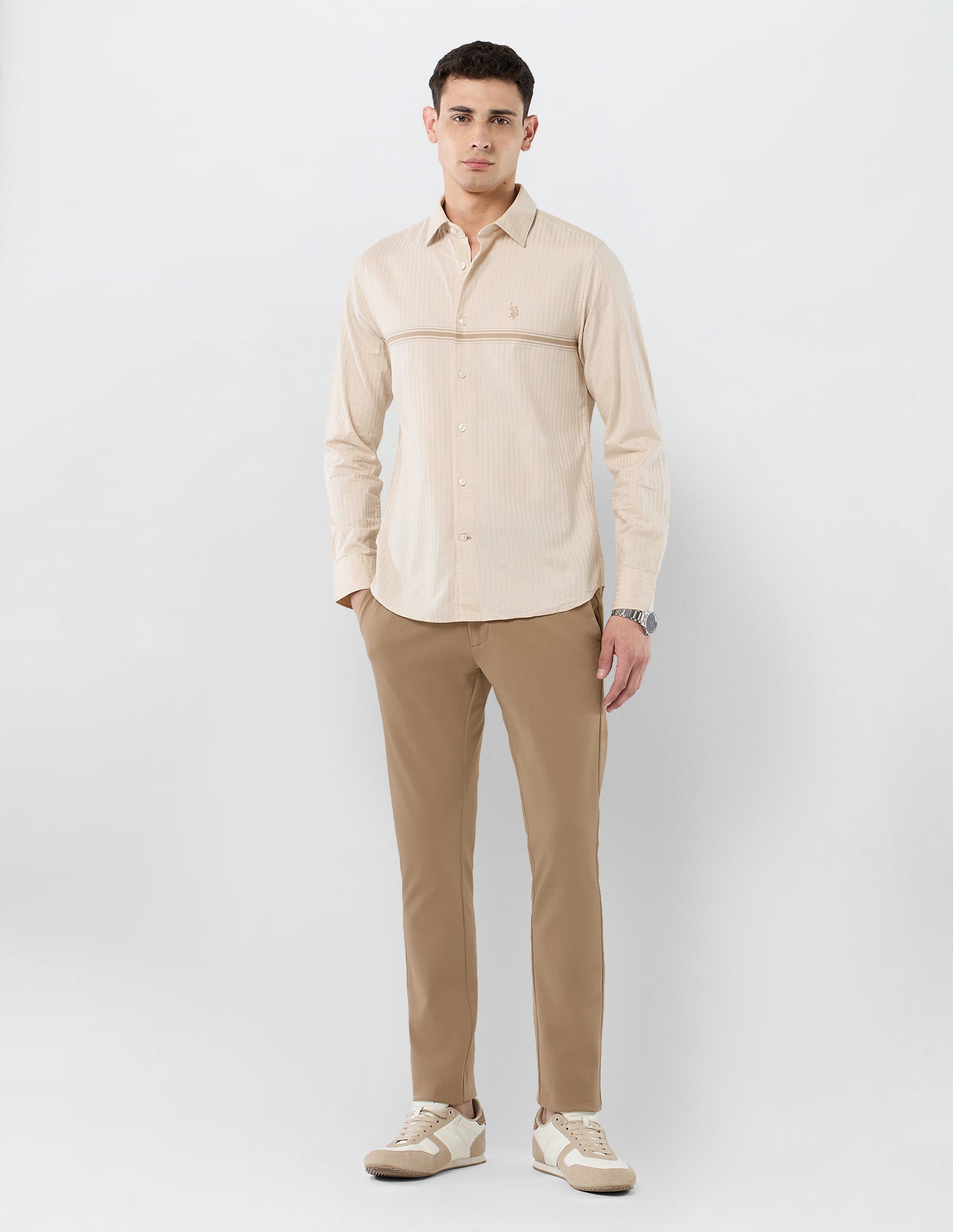 Tailored Fit Vertical Striped Shirt Beige - U.S. POLO ASSN. | Large
